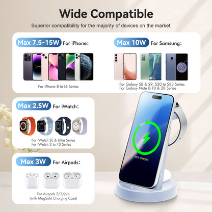 Wireless Charger for iPhone 17 16 15 14 13 12, Charging Station for Airpods 4 3 2, for Apple Watch Series, 3 in 1 Charger Station for Apple Multiple Devices, Blue