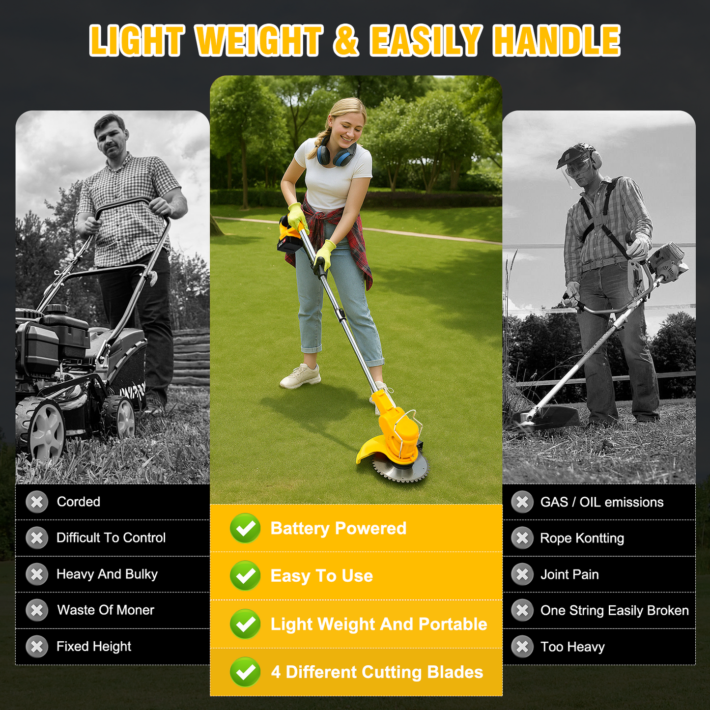 24V 2000mAh Electric Weed Wacker, 3-in-1 Cordless Weed Eater Brush Cutter Grass Trimmer Edger Stringless Weed Cutter Lawn Edger Mower, Yellow
