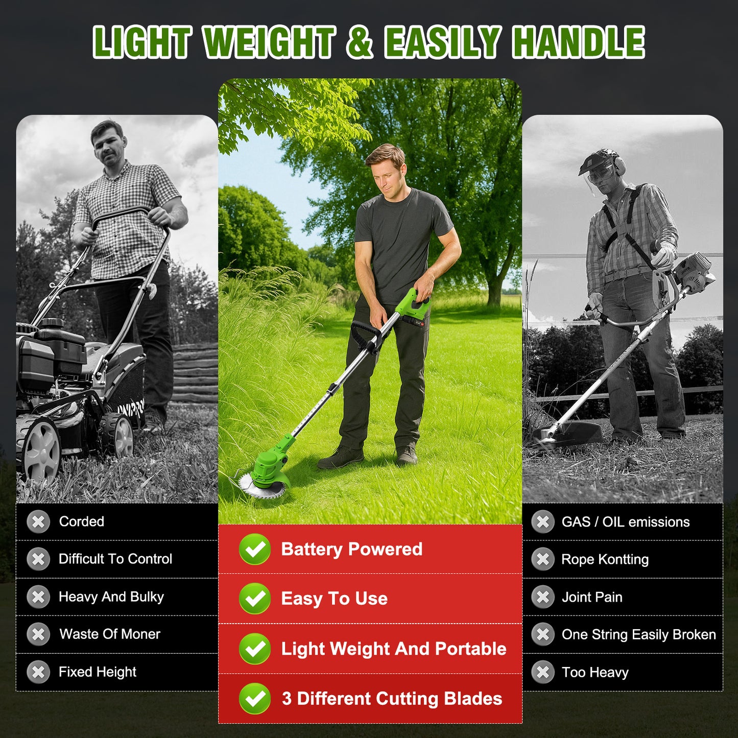 24V 650W Lawn Mover Electric Grass Trimmer Cordless W/2 Batteries, Battery Weed Eater, Electric Weed Wacker, Lawn Mower Cordless Pruning Cutter Weed Wacker Garden Trimming Tool