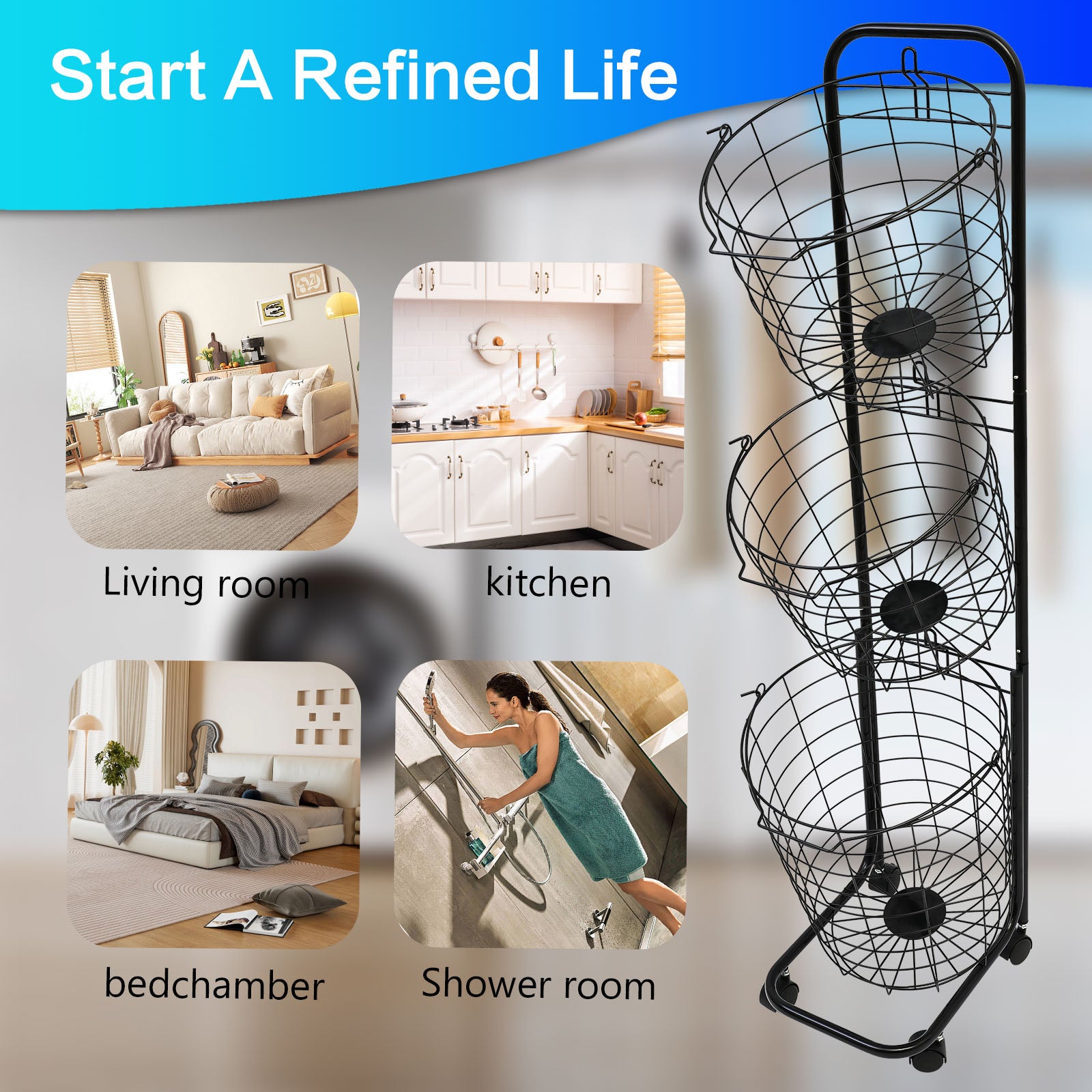Amstech Removable 3 Tier Laundry Basket, Large Capacity Wire Basket Laundry Hamper with Wheels, for Bathroom Bedroom Laundry Room, Black