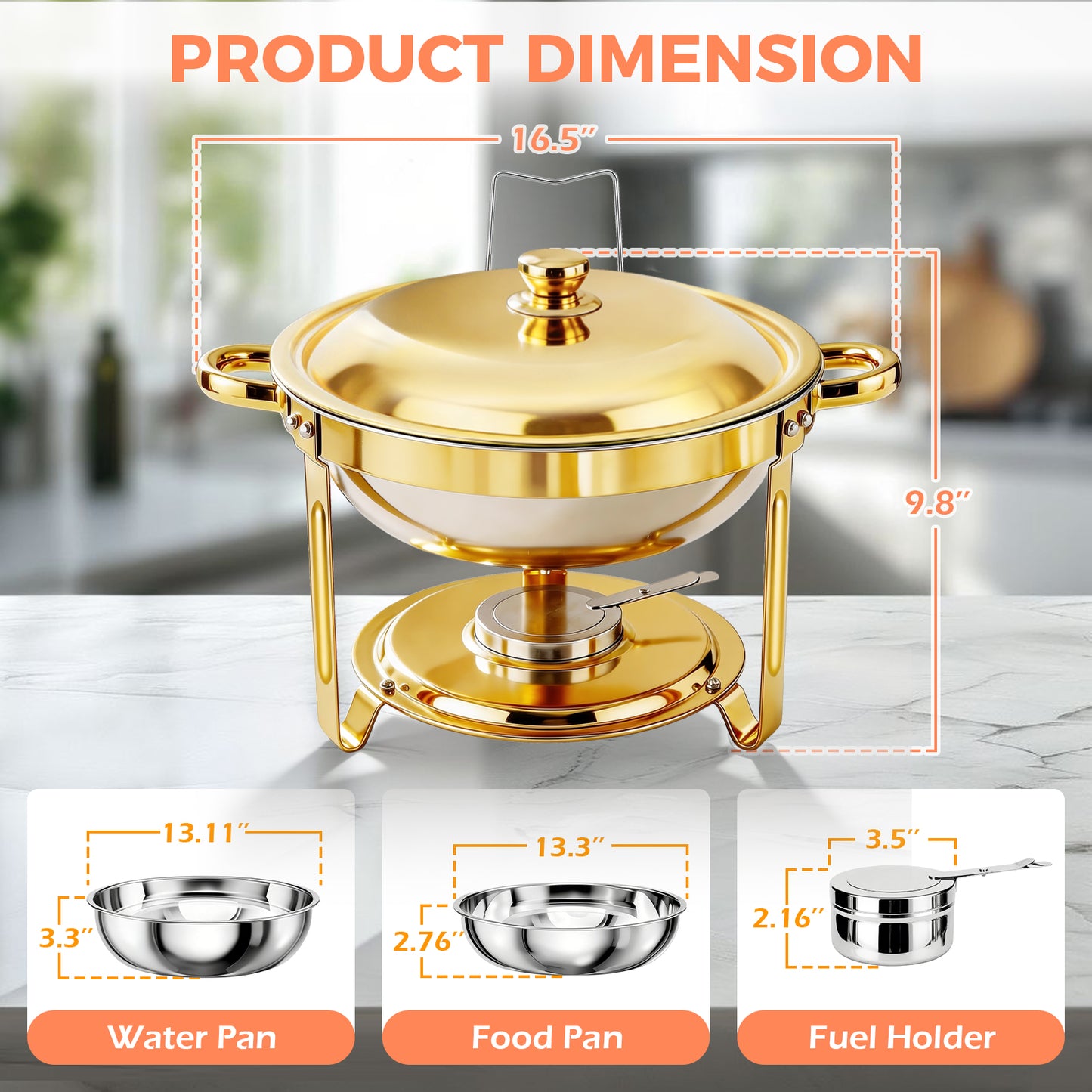 Round Half-Gold Plated Stainless Steel Chafing Dish with Stainless Steel Lid, Buffet Warmer Set, 4-Pack, for Home Gatherings, Christmas Parties, Catering Events