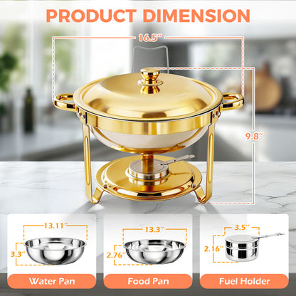 Round Half-Gold Plated Stainless Steel Chafing Dish with Stainless Steel Lid, Buffet Warmer Set, 4-Pack, for Home Gatherings, Christmas Parties, Catering Events