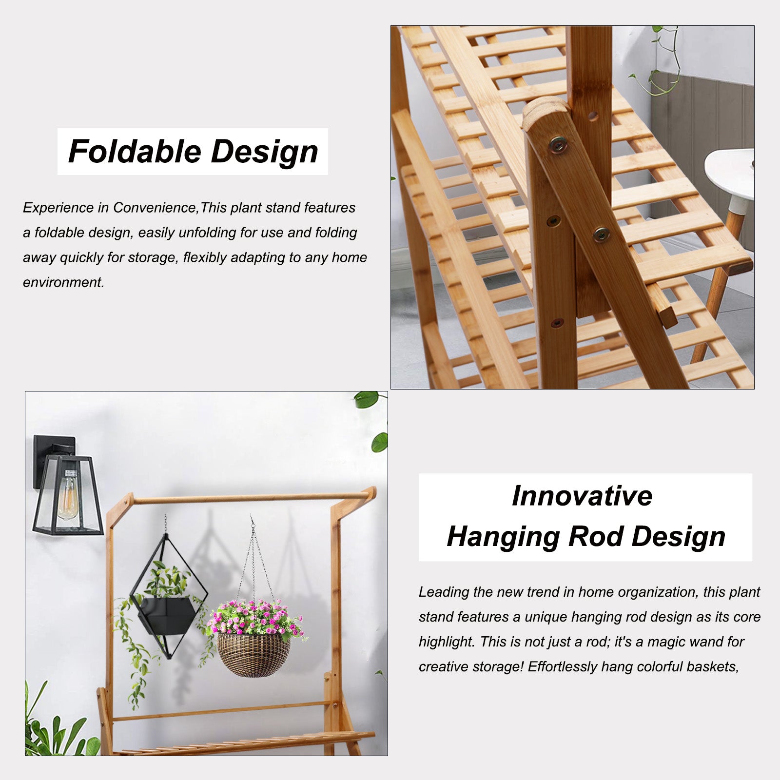 Plant Shelf, Bamboo 3-Tier Hanging Plant Stand Planter Shelves Flower Pot Organizer Rack Folding Display Shelving Plants Shelf Unit Holder