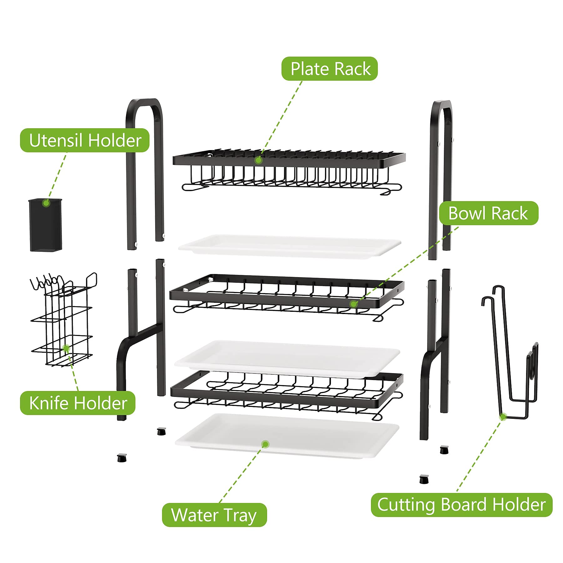 3 Tier Dish Rack for Kitchen, Rustproof Dish Drying Rack with Drain Trays, Stainless Steel Dish Drainer, Multifunctional Drying Rack for Dishes with Knife Holder Cutting Board Holder, Black