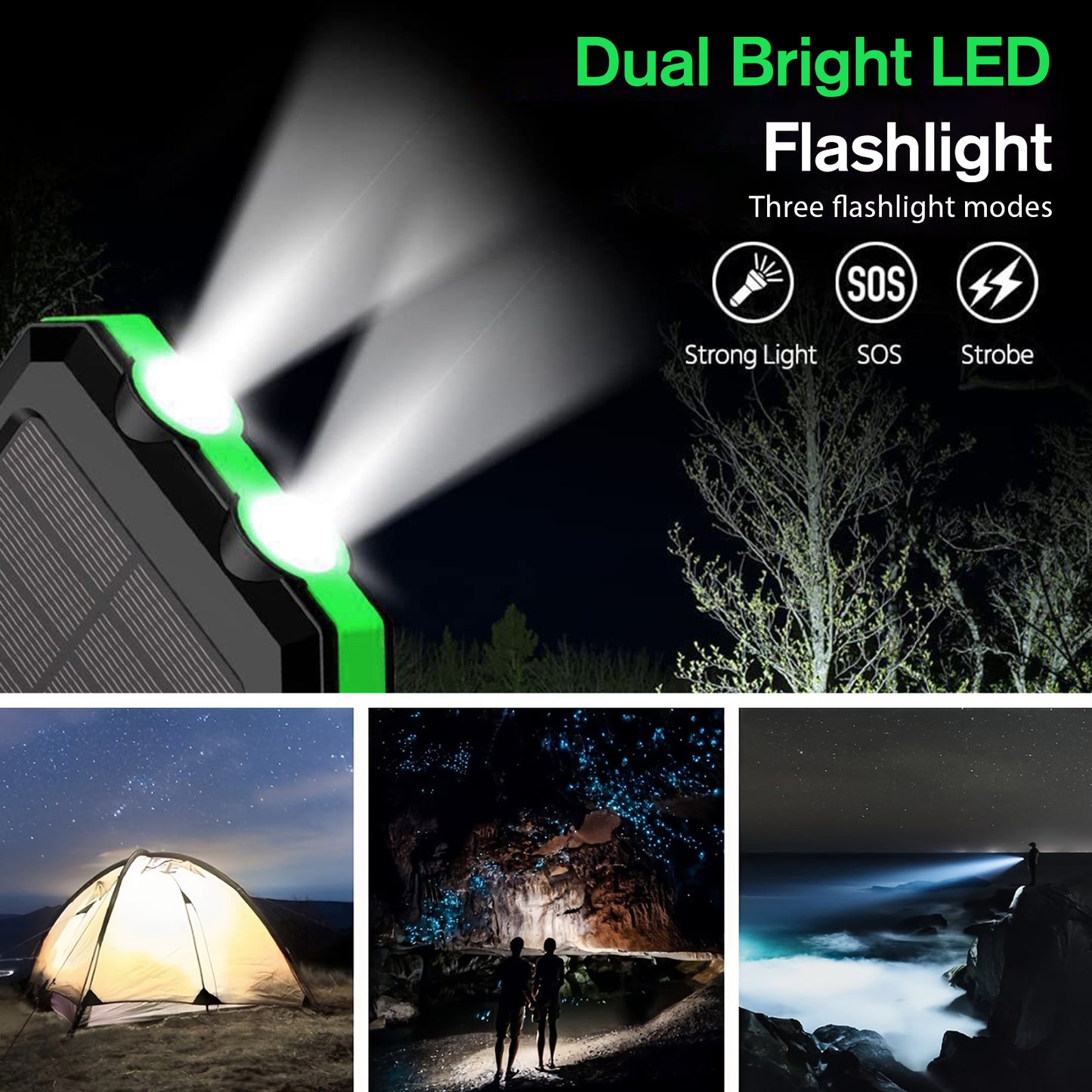BAOKALER 30000mAh Solar Charger for Cell Phone iPhone, Portable Solar Power Bank with Dual 5V USB Ports, 2 Led Light Flashlight, Compass Battery Pack for Outdoor Camping Hiking(Green)