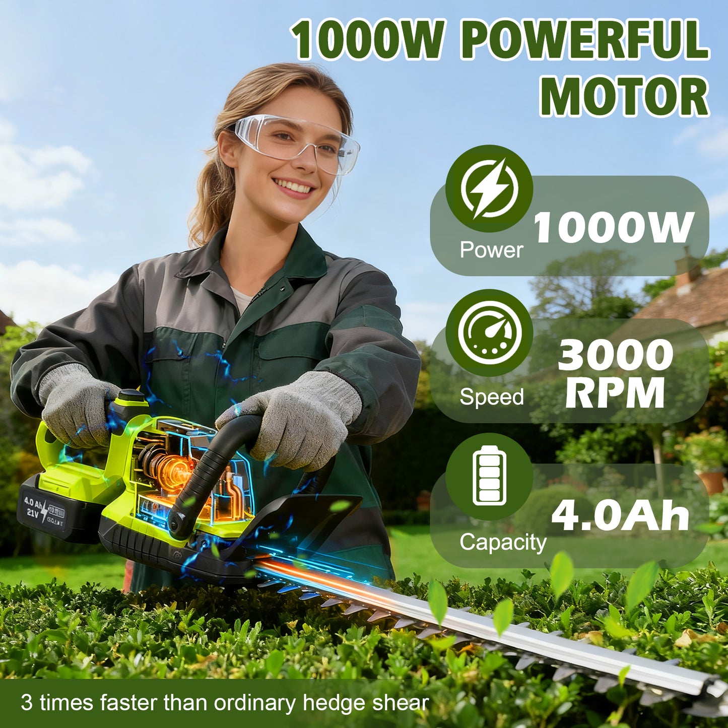 22" Cordless Hedge Trimmer, 21V Dual Action Blade Electric Bush Shrub Trimmer, 4.0Ah Battery & Charger, Green