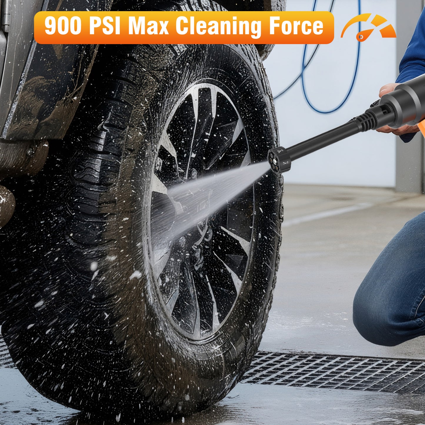 900PSI Cordless Pressure Washer, 3.0GPM Portable Power Washer with 6-in-1 Adjustable Nozzle, Power Cleaner with 16.4ft Hose for Cars/Patios, 2 Battery, Charger Included