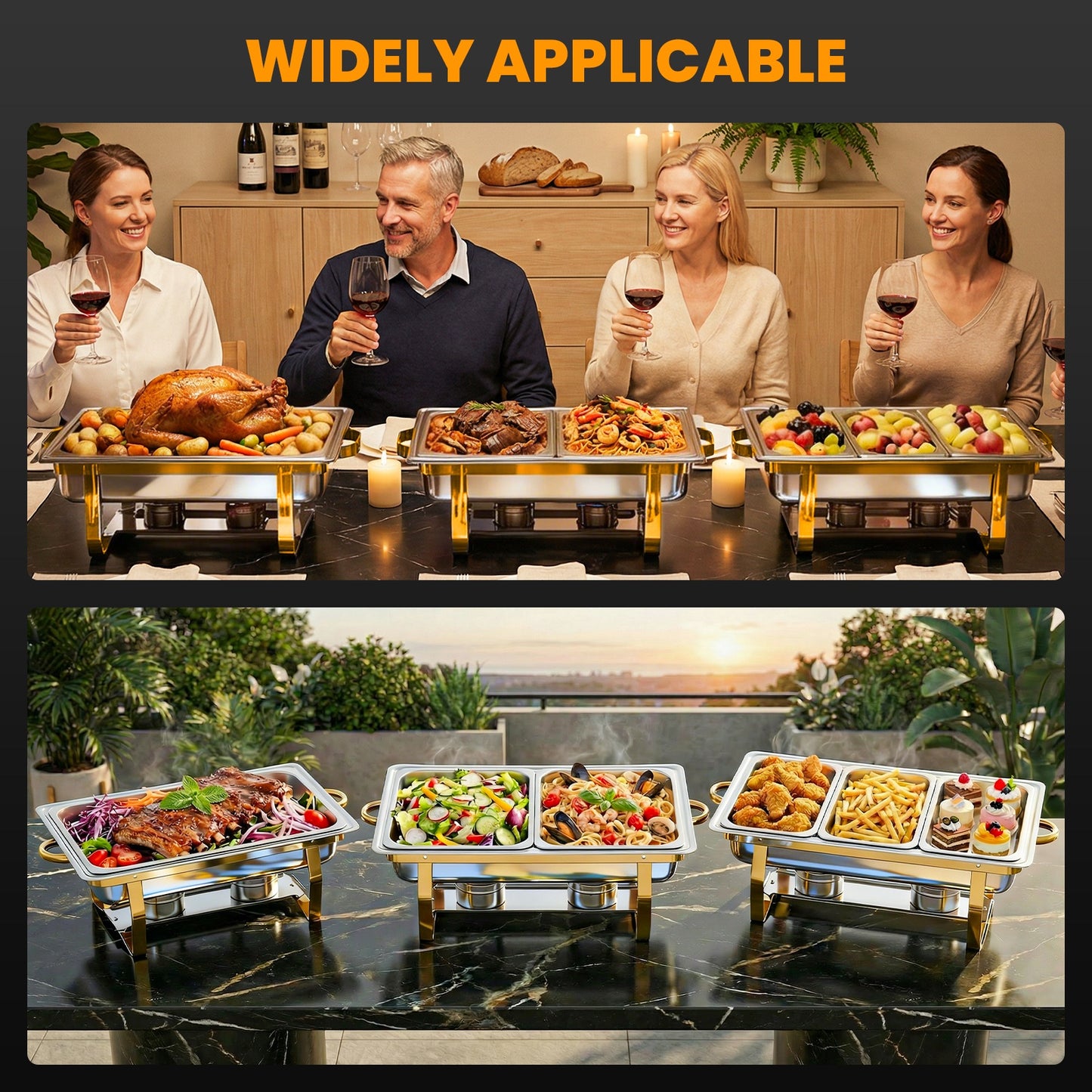 4 Pack Chafing Dish Buffet Set 9QT Stainless Steel Chafing Dishes, Single/Double/Triple Compartment, Buffet Server Food Warmer for Buffet, Birthday, Holiday Parties, and Family Gatherings-Semi-gold