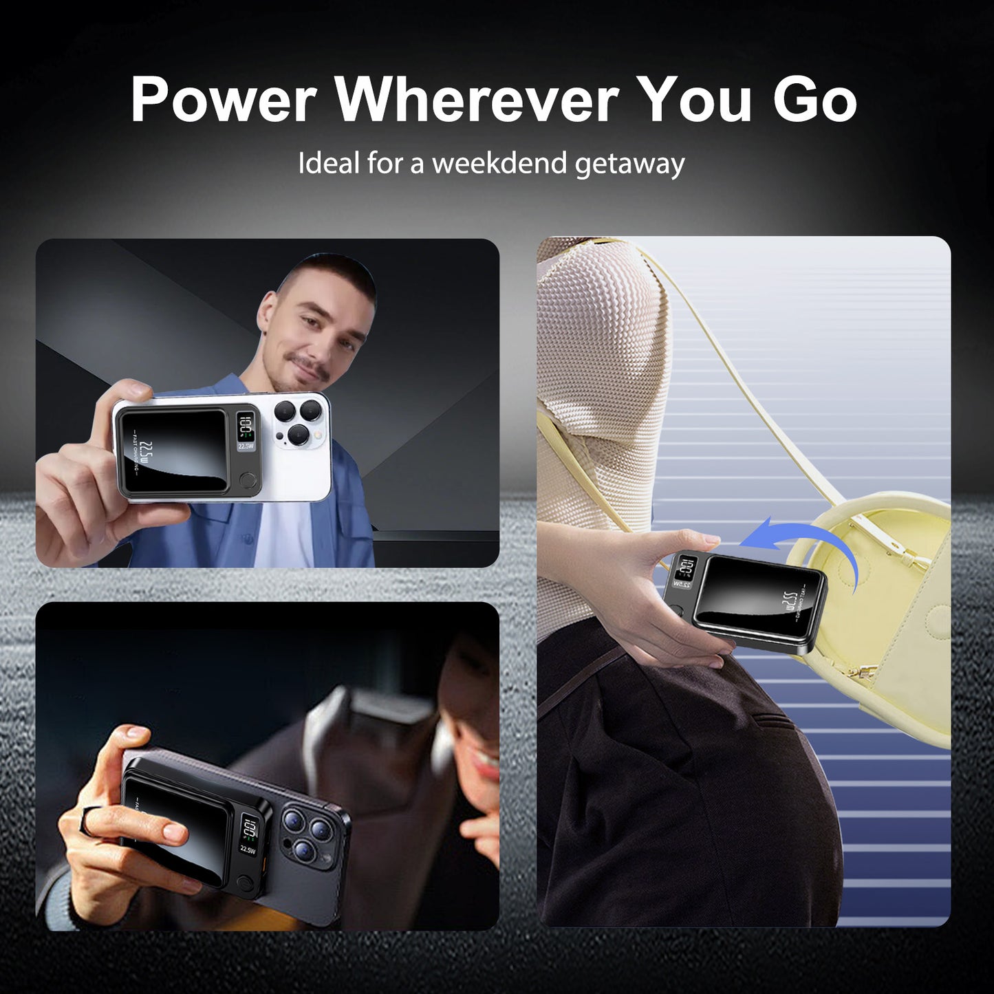 10000mAh Magnetic Mini Power Bank, Magnetic Portable Charger, 20W Fast Wireless Charging, with LED Display, Compatible with iPhones, Black