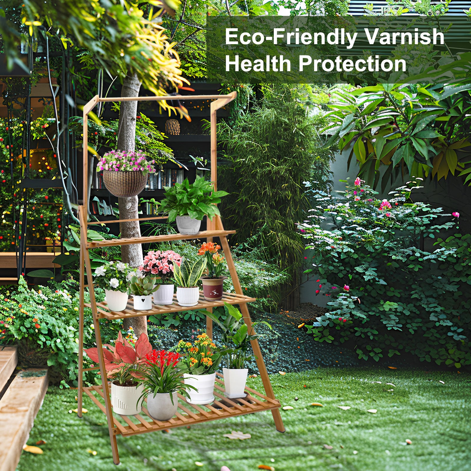 Plant Shelf, Bamboo 3-Tier Hanging Plant Stand Planter Shelves Flower Pot Organizer Rack Folding Display Shelving Plants Shelf Unit Holder