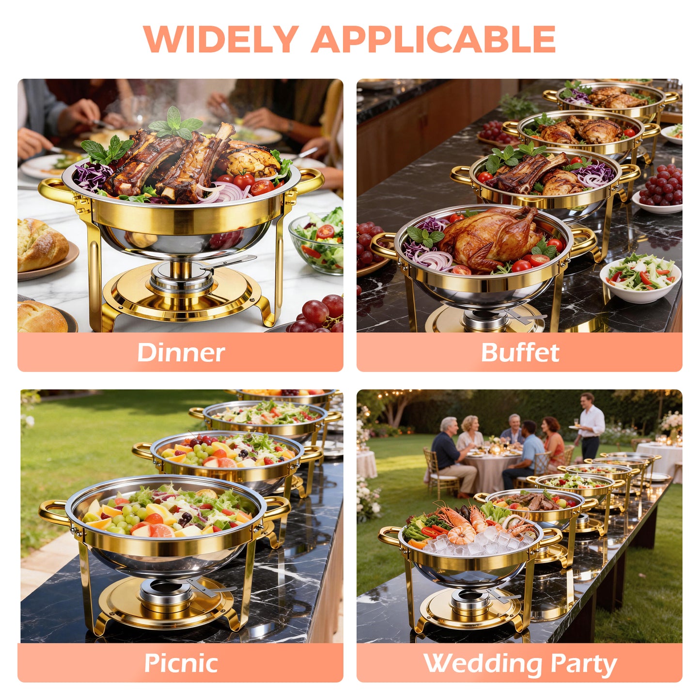 Round Half-Gold Plated Stainless Steel Chafing Dish with Stainless Steel Lid, Buffet Warmer Set, 4-Pack, for Home Gatherings, Christmas Parties, Catering Events