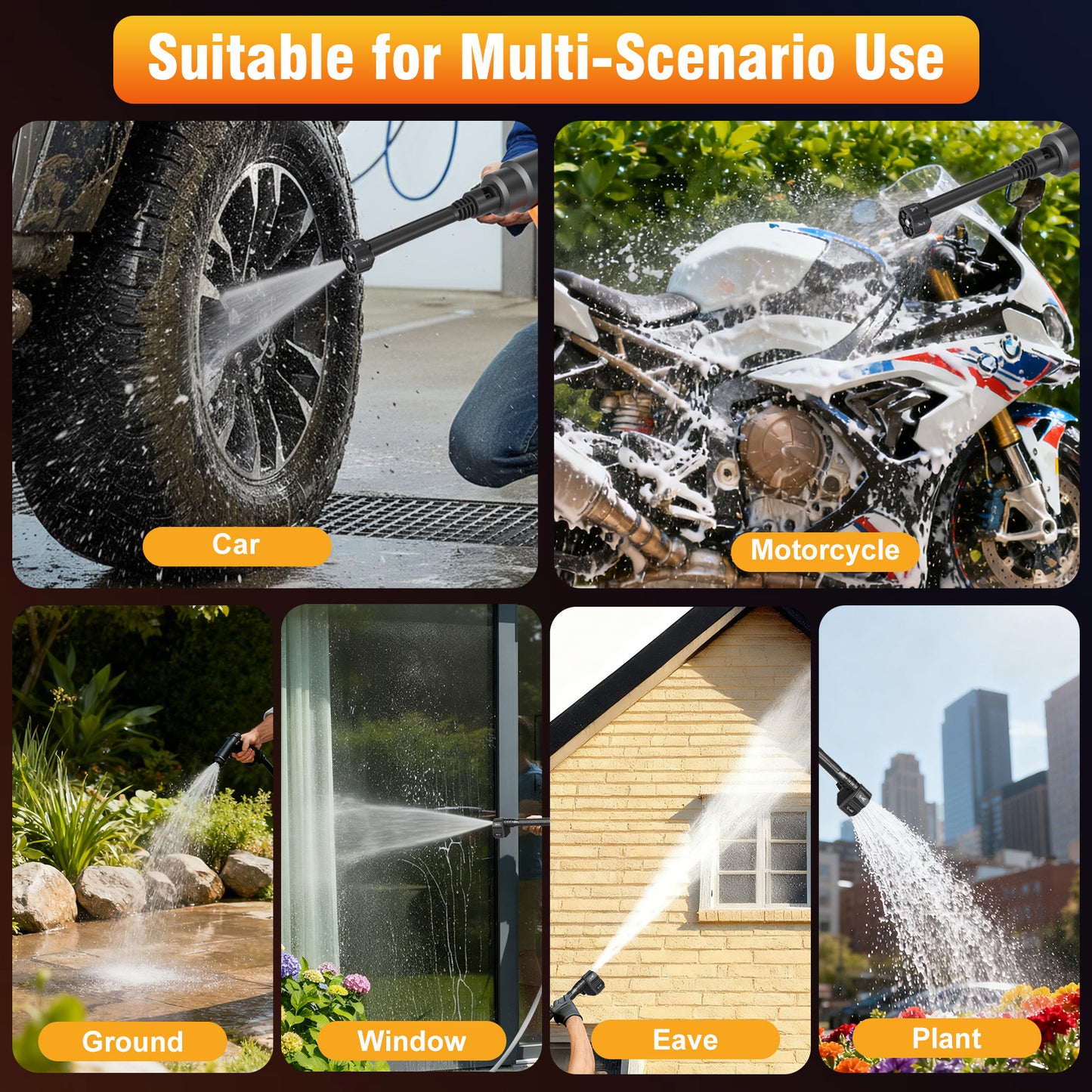 900PSI Cordless Pressure Washer, 3.0GPM Portable Power Washer with 6-in-1 Adjustable Nozzle, Power Cleaner with 16.4ft Hose for Cars/Patios, 2 Battery, Charger Included