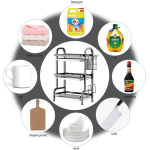 3 Tier Dish Rack for Kitchen, Rustproof Dish Drying Rack with Drain Trays, Stainless Steel Dish Drainer, Multifunctional Drying Rack for Dishes with Knife Holder Cutting Board Holder, Black