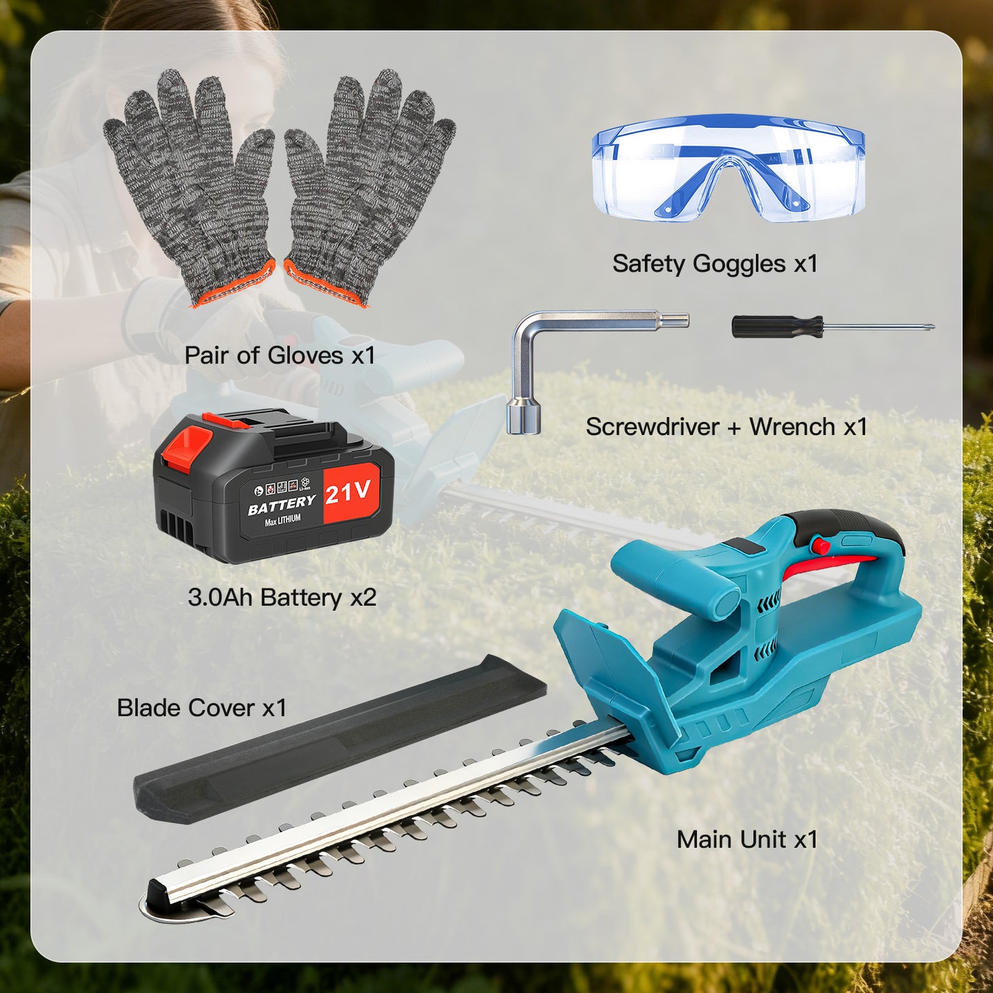 21V Cordless Hedge Trimmer, 20 Inch Hedge Trimmer for Bush Shrub Cutting, 2 Battery and Charger Included