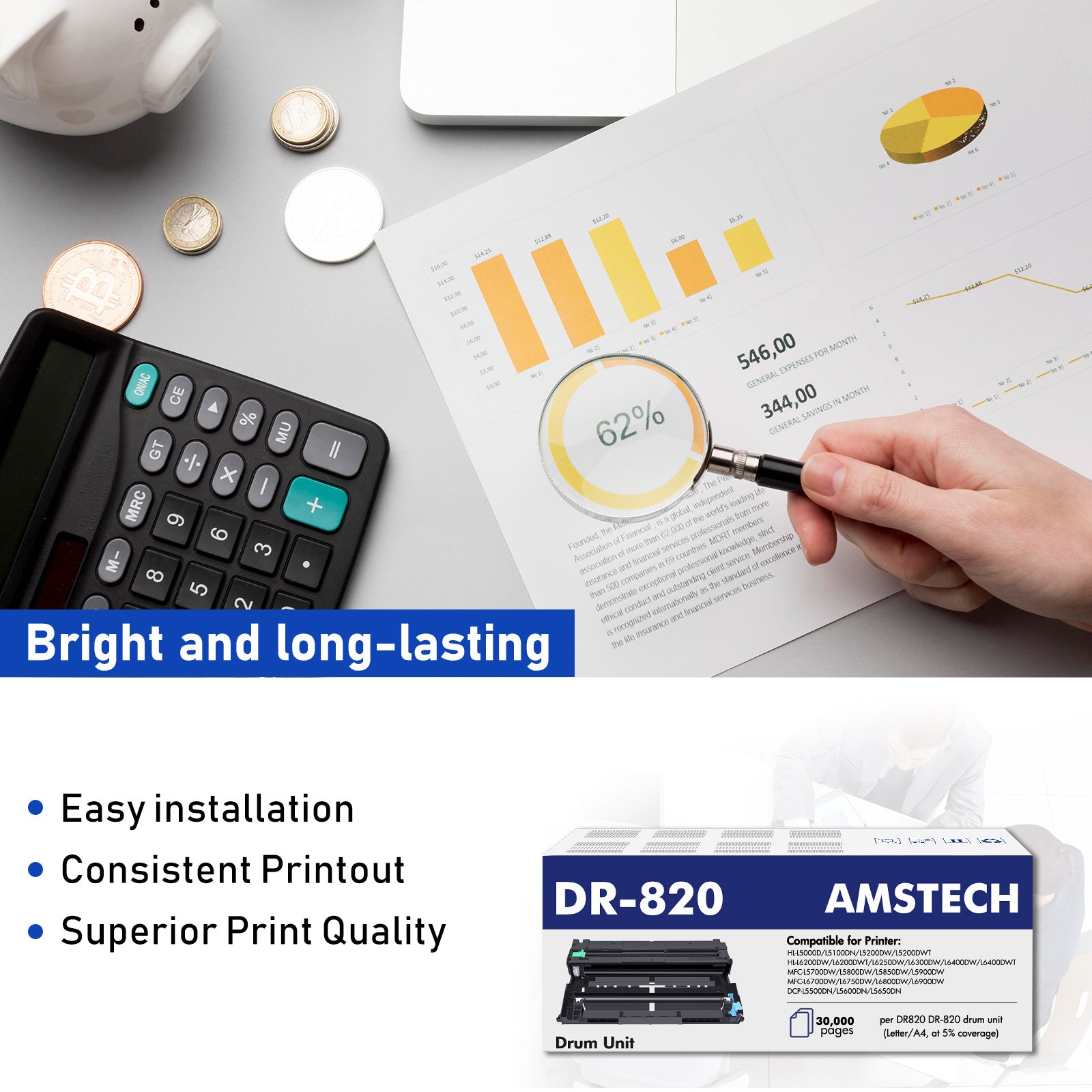 Amstech 1-Pack Compatible Drum Unit for Brother DR-820 DR820 DR 820 HL-L5000D L5200DW L6400DW MFC-L5700DW L5850DW L6700DW L6800DW DCP-L5500DN Printer(Black)