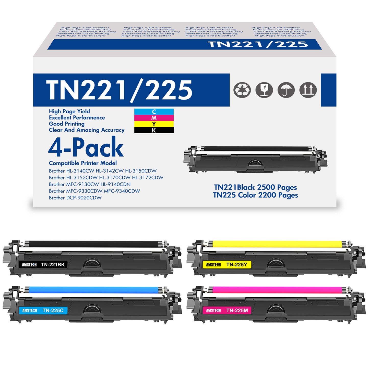Amstech 4-Pack Compatible Toner for Brother TN-221BK TN-225C TN-225M TN-225Y TN-225 TN-221 HL-3140CW 3142CW 3150CDW 3152CDW 3170CDW 3172CDW MFC-9130CW 9140CDN 9330CDW 9340CDW DCP-9020CDW Printer