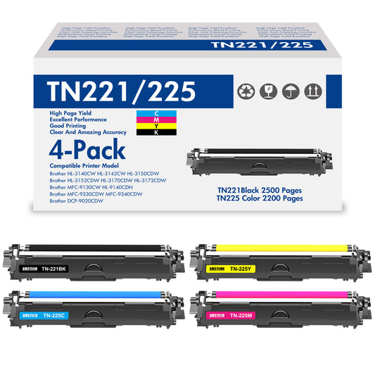Amstech 4-Pack Compatible Toner for Brother TN-221BK TN-225C TN-225M TN-225Y TN-225 TN-221 HL-3140CW 3142CW 3150CDW 3152CDW 3170CDW 3172CDW MFC-9130CW 9140CDN 9330CDW 9340CDW DCP-9020CDW Printer