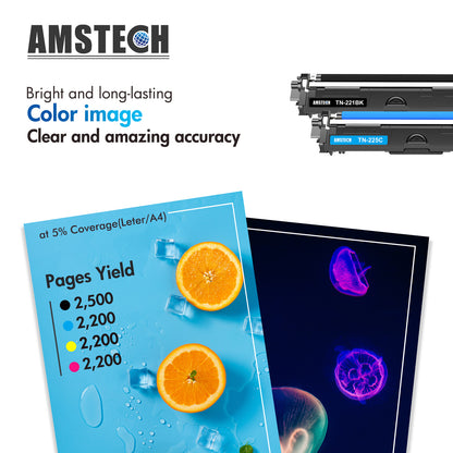 Amstech 4-Pack Compatible Toner for Brother TN-221BK TN-225C TN-225M TN-225Y TN-225 TN-221 HL-3140CW 3142CW 3150CDW 3152CDW 3170CDW 3172CDW MFC-9130CW 9140CDN 9330CDW 9340CDW DCP-9020CDW Printer