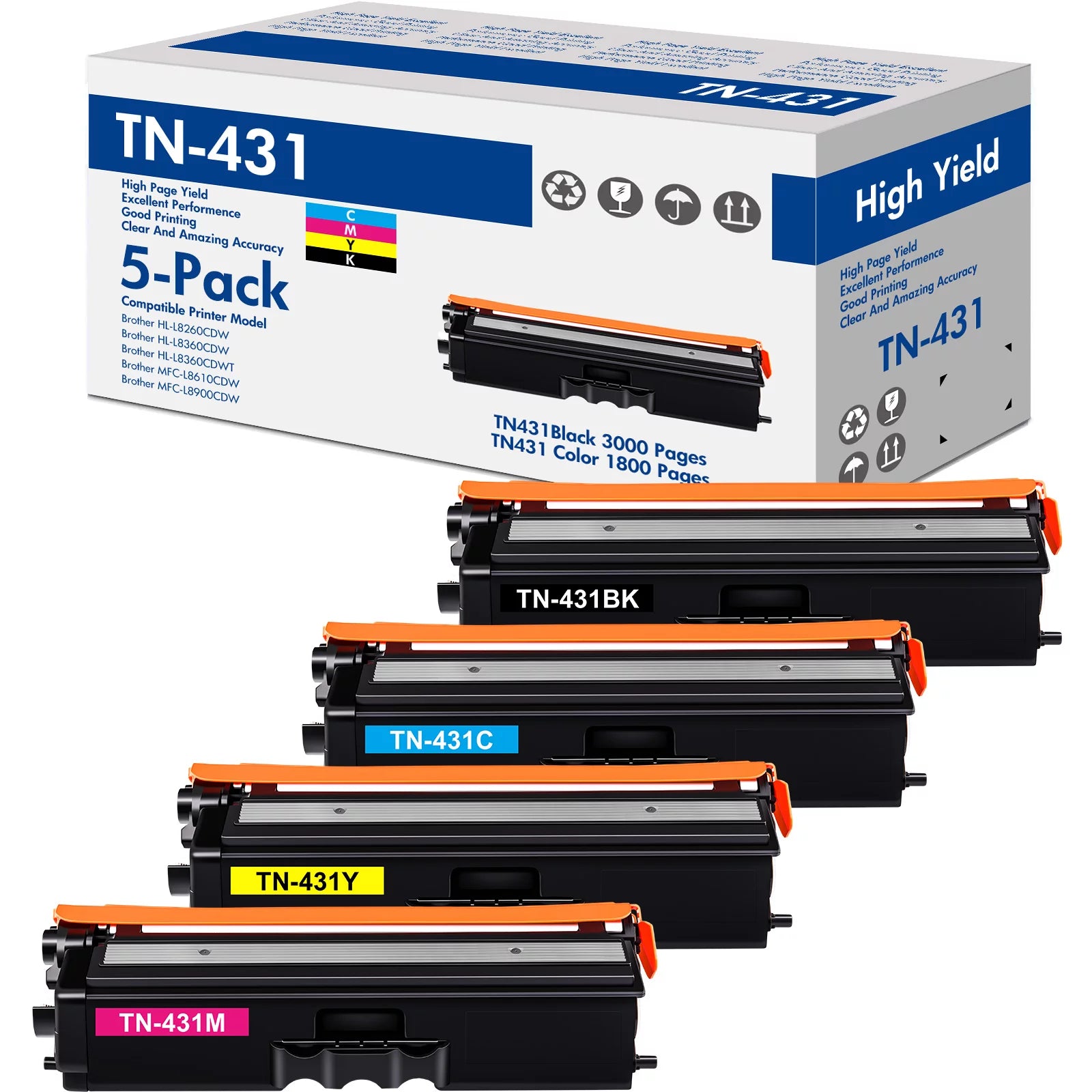 Amstech 5-Pack Compatible Toner for Brother TN431 TN-431 TN433 TN431BK TN431C TN431Y TN431M Toner for HL-L8260CDW L8360CDW L8360CDWT MFC-L8610CDW L8900CDW Printer
