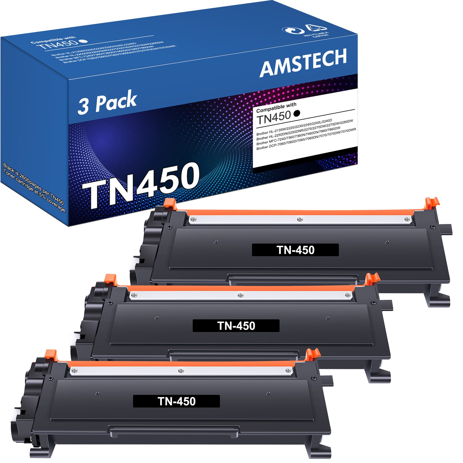 Amstech 3-pack Compatible Toner Replacement for Brother TN450 TN420 TN-450 TN-420 Compatible with HL-2270DW HL-2280DW HL-2230 HL-2240 MFC-7360N MFC-7860DW DCP-7065DN Intellifax 2840(Black)