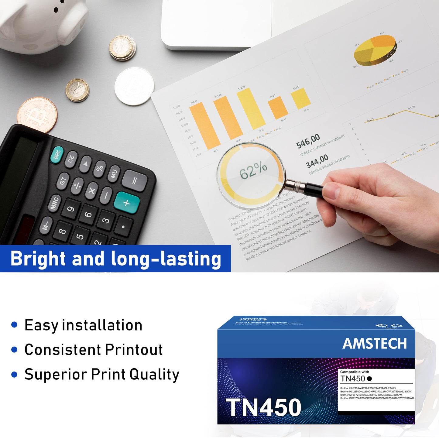 Amstech 3-pack Compatible Toner Replacement for Brother TN450 TN420 TN-450 TN-420 Compatible with HL-2270DW HL-2280DW HL-2230 HL-2240 MFC-7360N MFC-7860DW DCP-7065DN Intellifax 2840(Black)