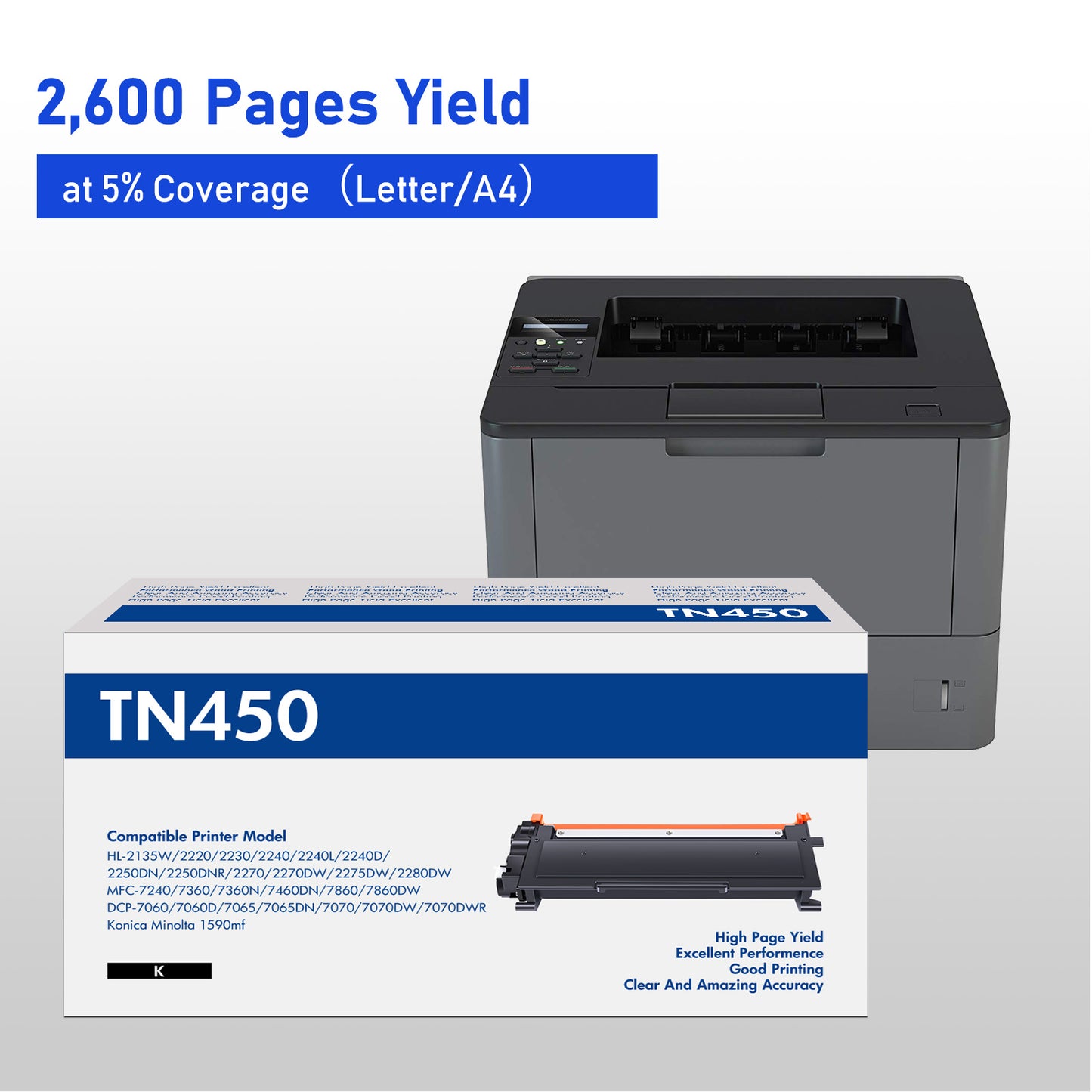 TN450 Toner Cartridge Black Compatible for Brother TN450 TN-450 TN420 TN-420 HL-2270DW HL-2280DW HL-2240 MF7860DW MFC-7360N DCP-7065DN MFC7860DW Intellifax 2840 2940 Printer Ink (4-Pack)