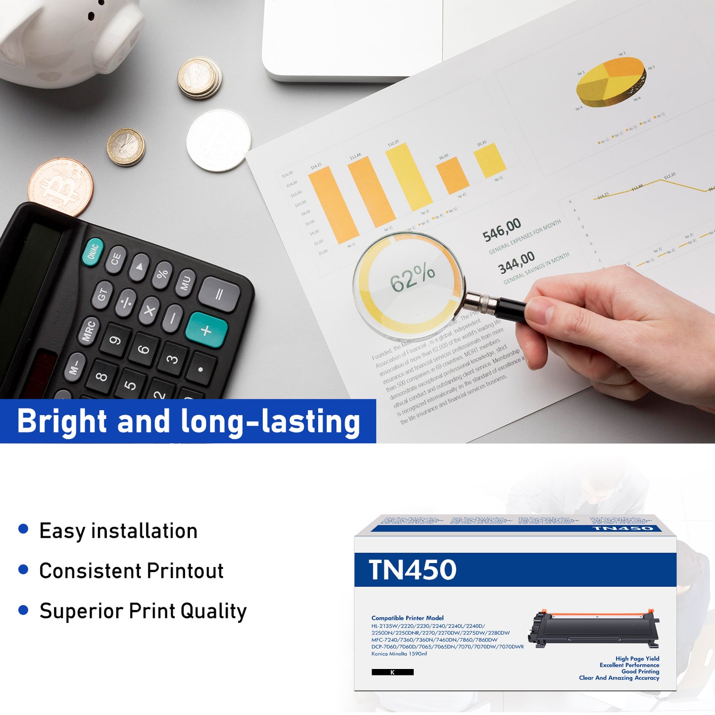 TN450 Toner Cartridge Black Compatible for Brother TN450 TN-450 TN420 TN-420 HL-2270DW HL-2280DW HL-2240 MF7860DW MFC-7360N DCP-7065DN MFC7860DW Intellifax 2840 2940 Printer Ink (4-Pack)