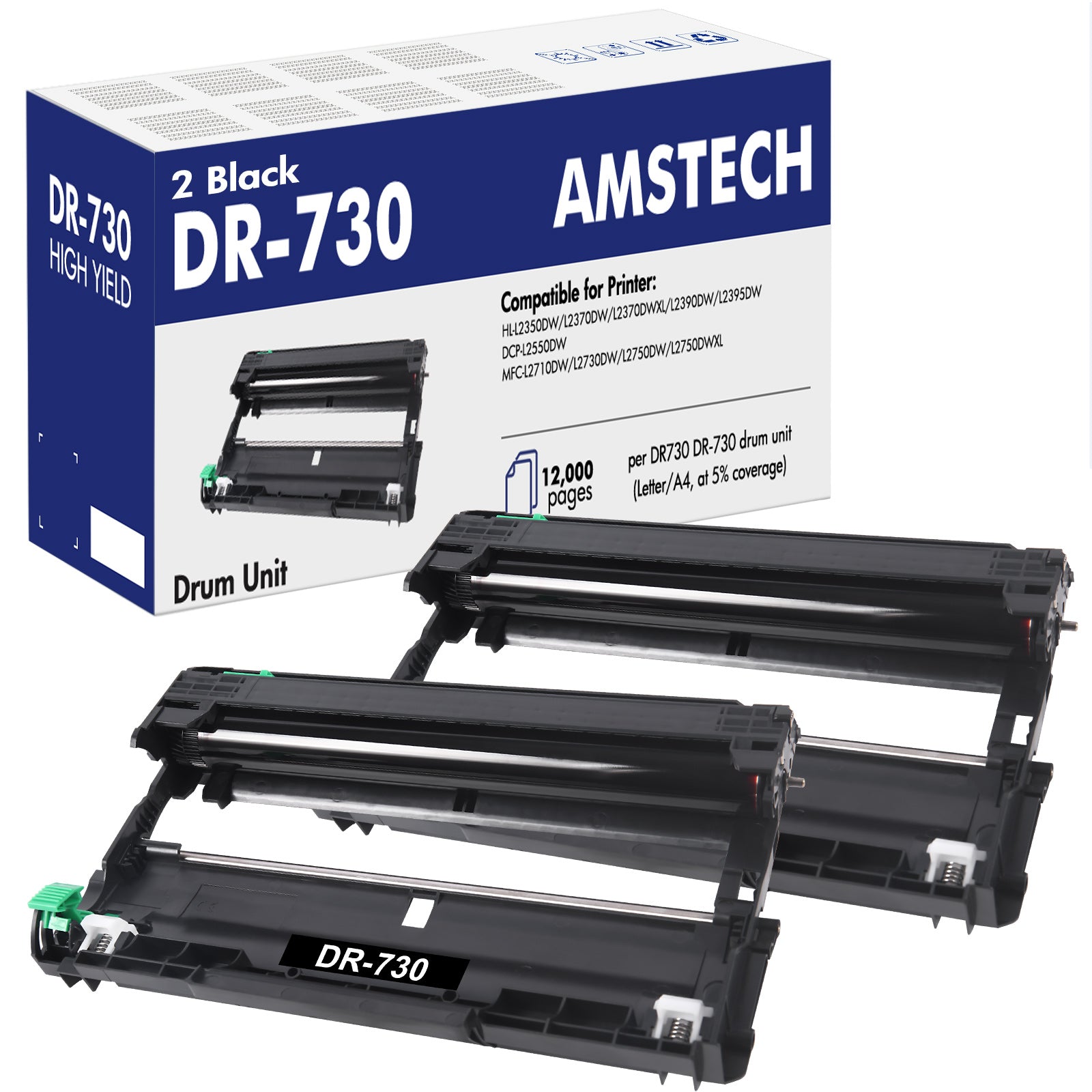 Amstech 2-Pack Compatible Drum Unit for Brother DR-730 DR730 DR 730 MFC-L2710DW MFC-L2750DW HL-L2350DW HL-L2370DW HL-L2390DW MFC-L2730DW Black