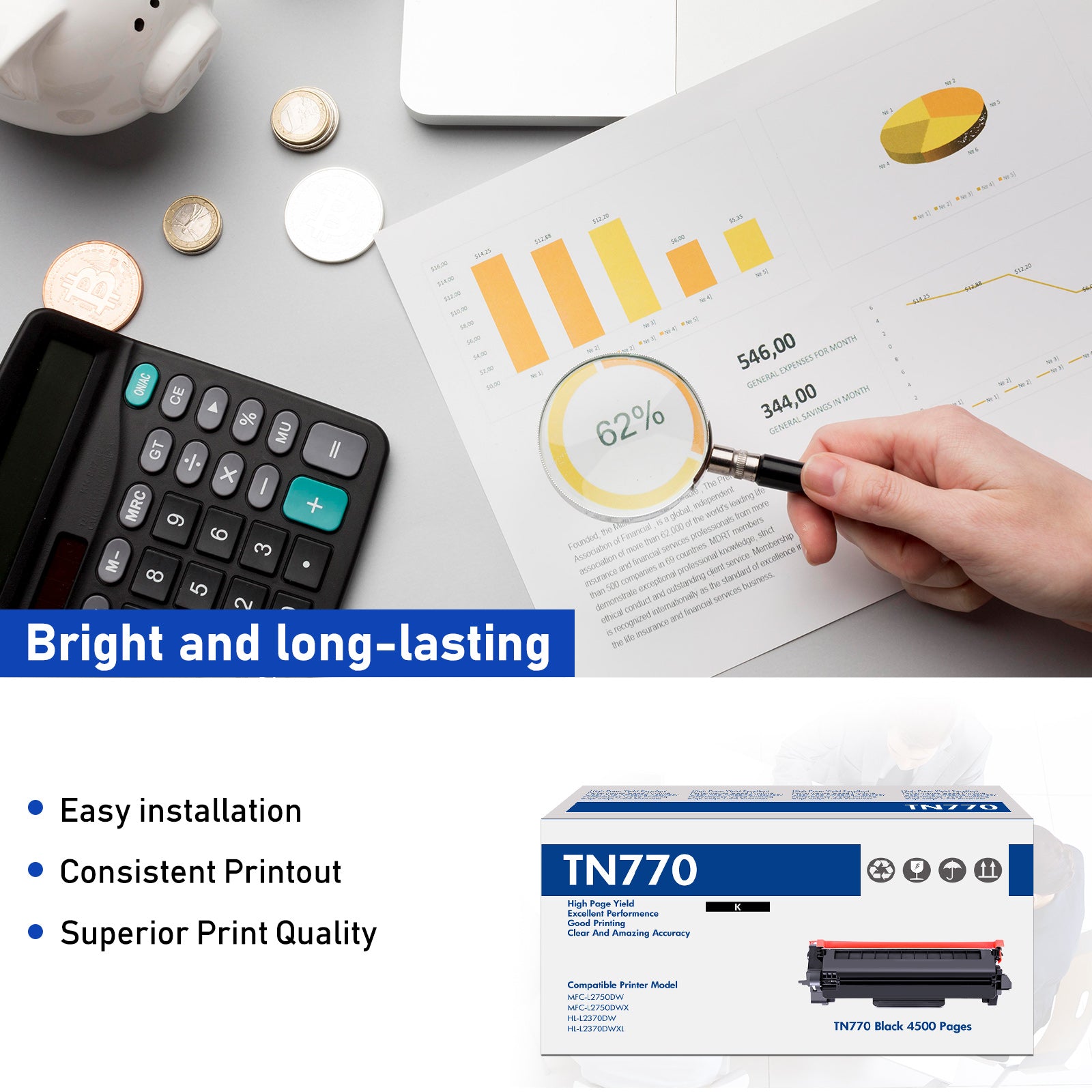 TN770 Toner Cartridge Compatible for Brother TN-770 TN 770 MFC-L2750DW MFC-L2750DWXL HL-L2370DW HL-L2370DWXL Printer High Yield (Black, 2-Pack)