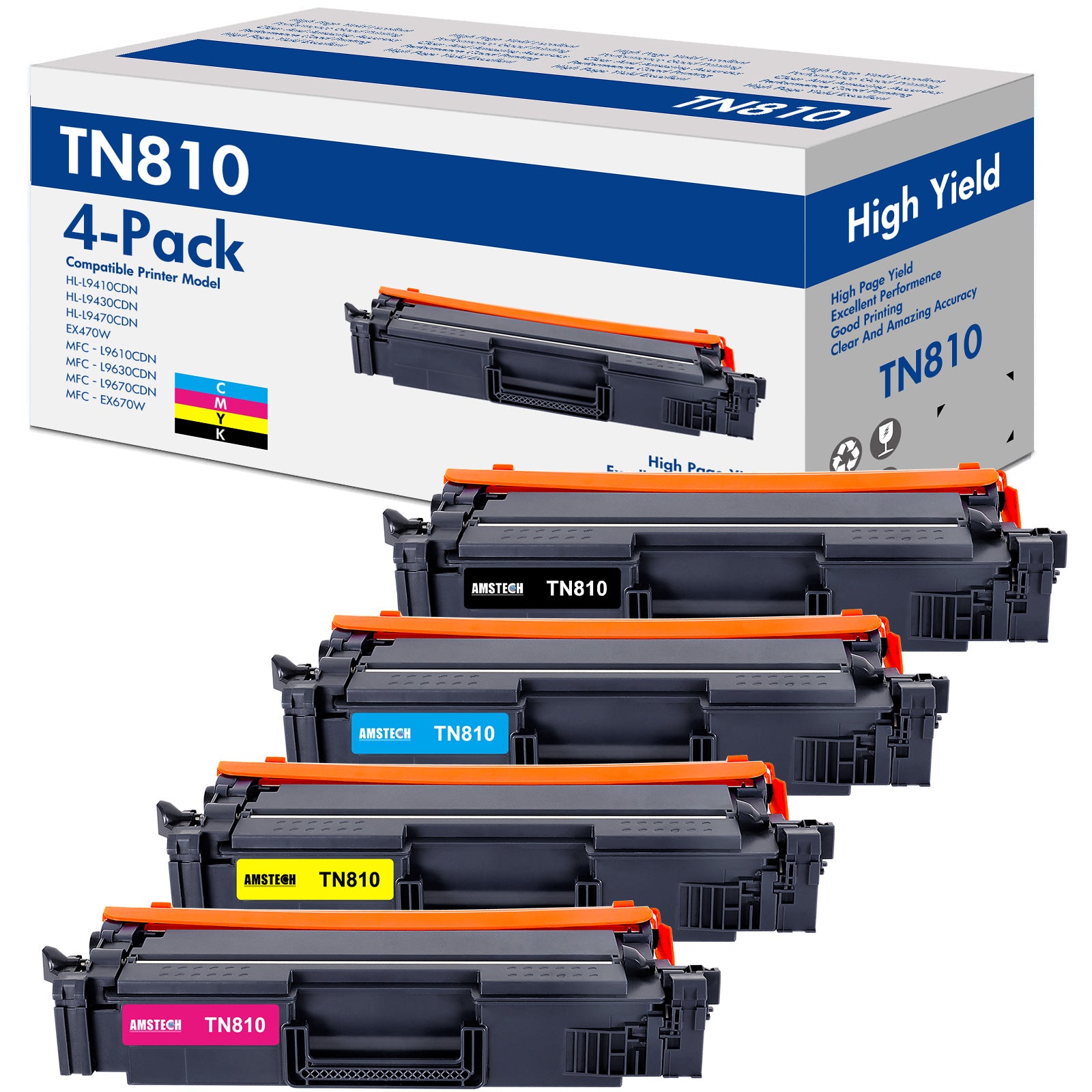4-Pack TN810 Toner Cartidge Replacement for Brother TN-810 HL-L9410CDN HL-L9430CDN HL-L9470CDN HL-EX470W MFC-L9610CDN MFC-L9630CDN MFC-L9670CDN MFC-EX670W(Black Cyan Yellow Magenta)