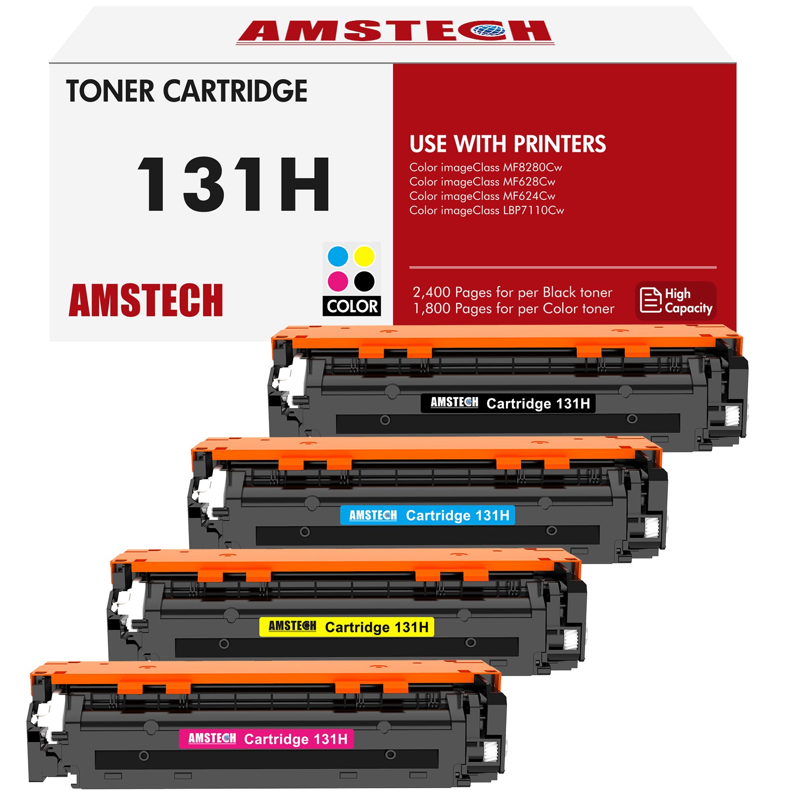 Amstech 4-Pack Compatible Toner for Canon 131 131IIK 131C 131Y 131M imageClass MF8280Cw MF628Cw MF624Cw LBP7110Cw Printer Ink(Black, Cyan, Magenta, Yellow)