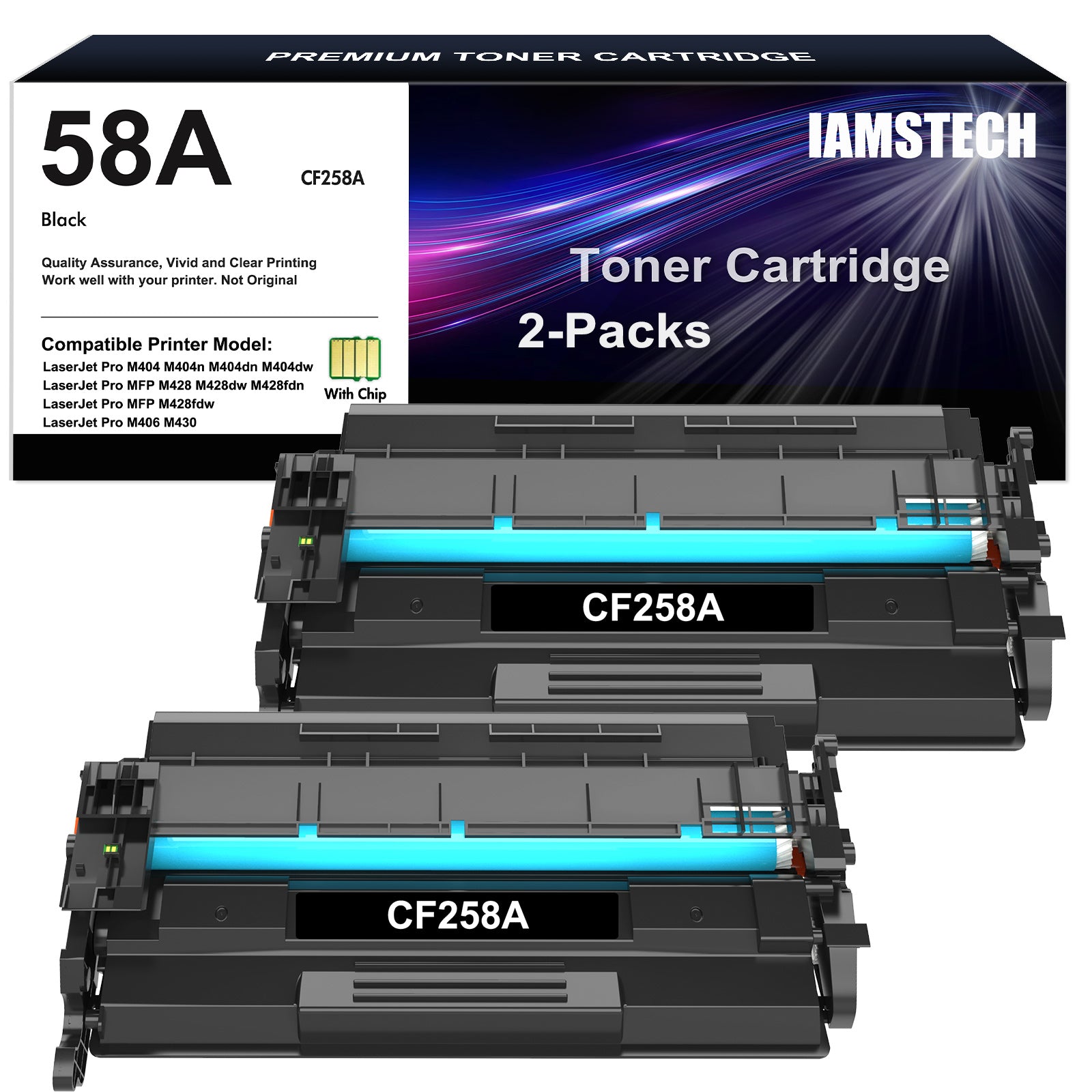 2-pack 58A CF258A Black Toner cartridge with Chip,Compatible with HP 58A CF258A m404 Toner cartridge,for HP Laserjet Pro M404n M404dn MFP M428fdw M428fdn M404dw M428dw Printer