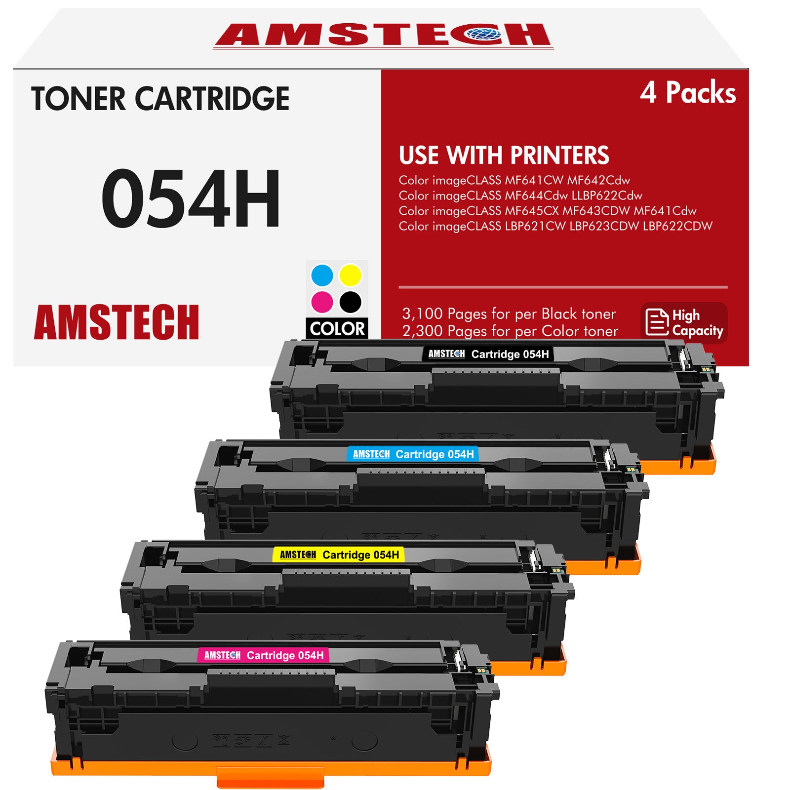 054H 054 4-Pack Toner Cartridge Compatible for Canon 054H 054 CRG-054H Color ImageCLASS MF644Cdw MF642Cdw MF641Cw LBP622Cdw MF640C Toner Printer Ink (Black Cyan Magenta Yellow )
