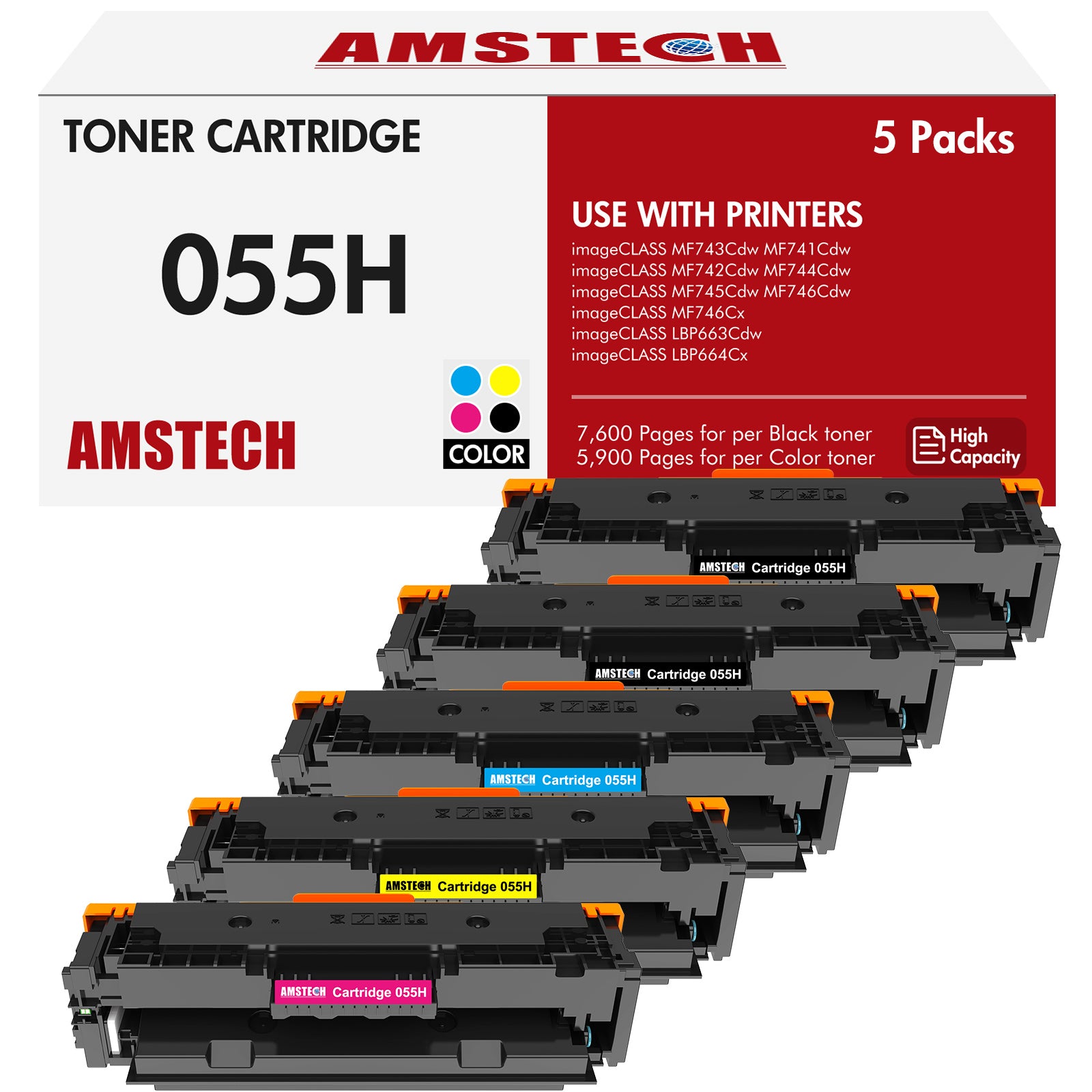 5-Pack 055 055H Toner Cartridge Compatible for Canon 055 055H CRG055 CRG-055H imageCLASS MF743Cdw MF741CDW MF742Cdw MF744Cdw MF746Cx MF745CDW MF746Cdw LBP664CX Printer (2x Black Cyan Magenta Yellow)