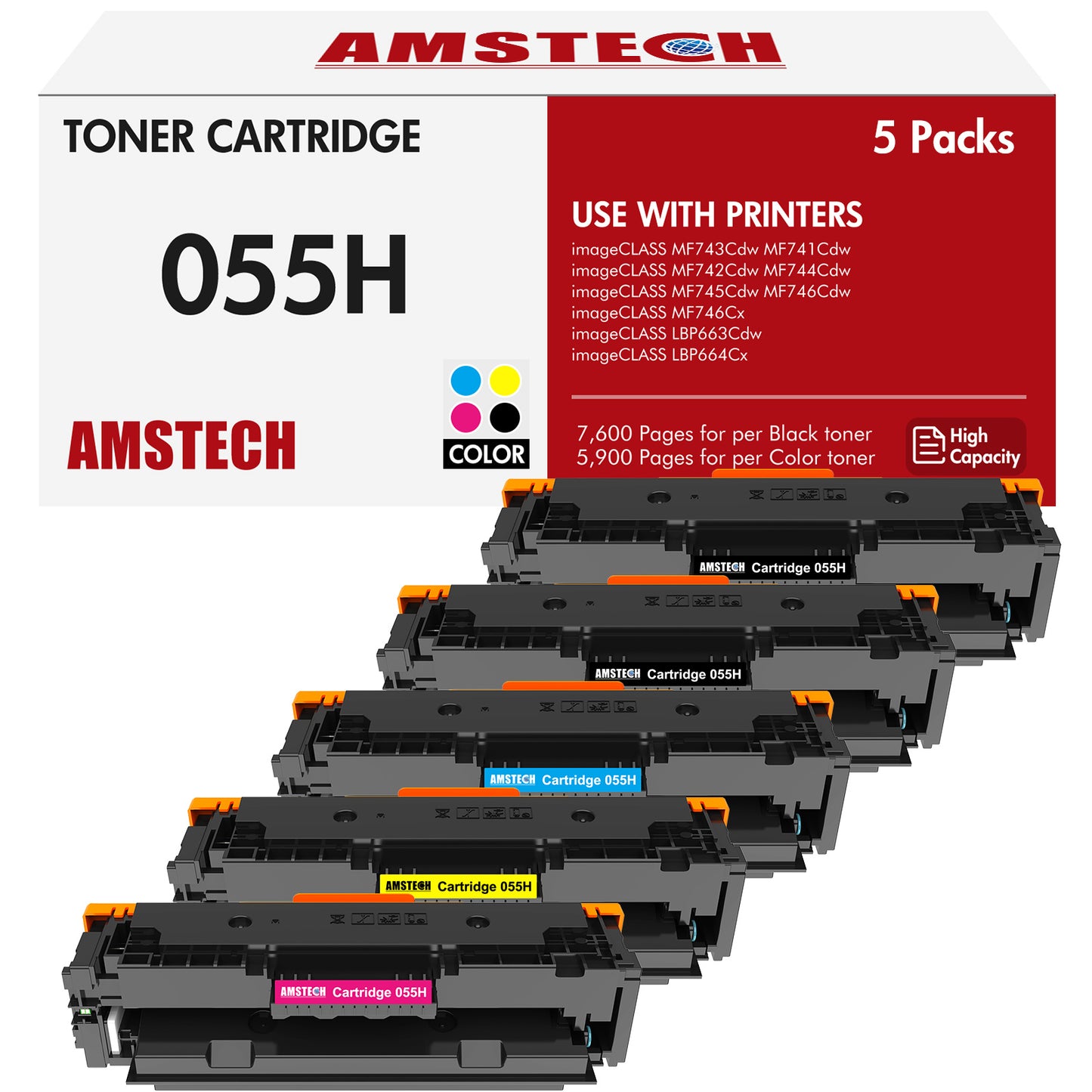 5-Pack 055 055H Toner Cartridge Compatible for Canon 055 055H CRG055 CRG-055H imageCLASS MF743Cdw MF741CDW MF742Cdw MF744Cdw MF746Cx MF745CDW MF746Cdw LBP664CX Printer (2x Black Cyan Magenta Yellow)