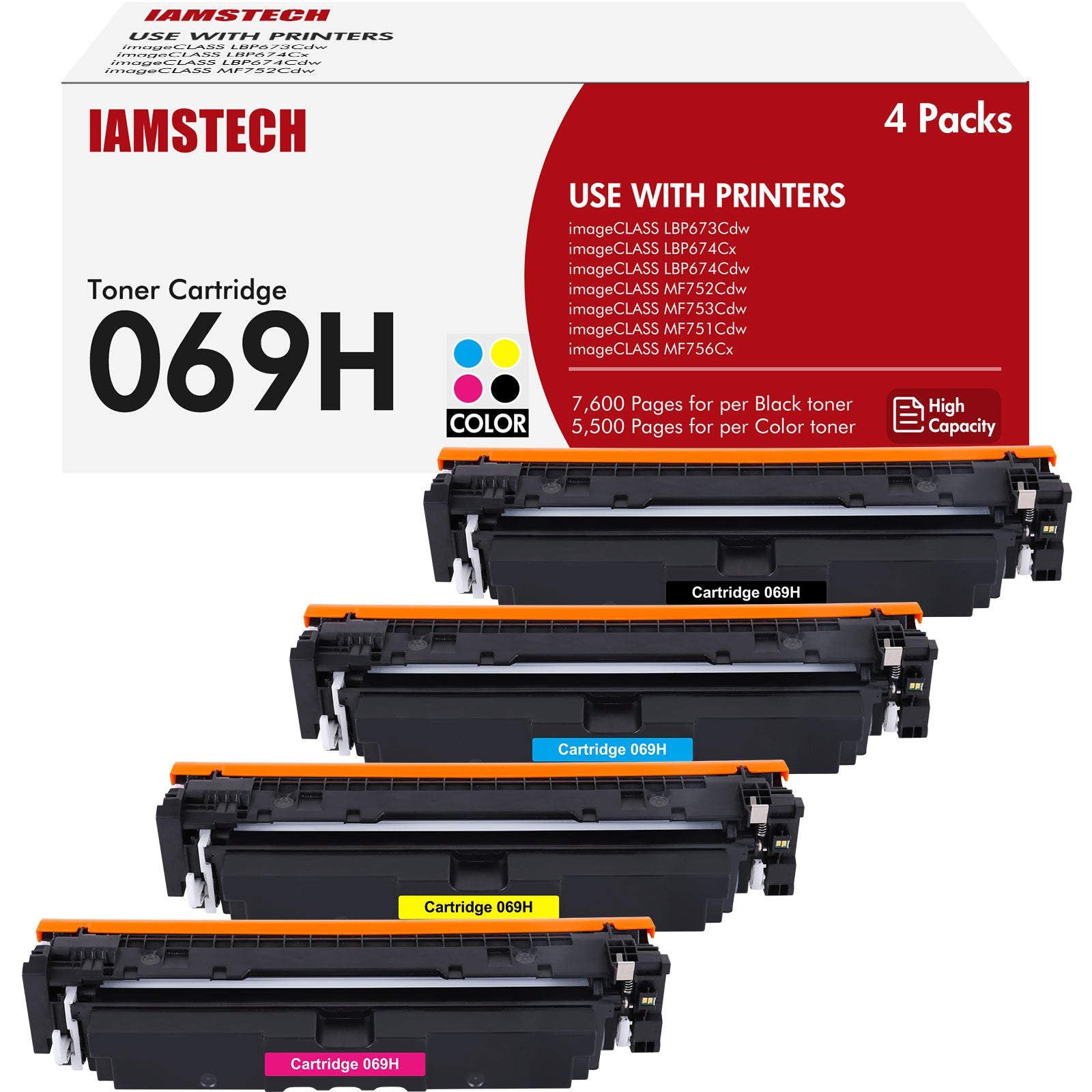 069H 069 High Yield (with Chip) Toner Cartridges 4 Pack Replacement for Canon 069H Toner Cartridge Compatible with Canon imageCLASS MF753Cdw MF752Cdw MF751Cdw LBP673Cdw(Black Cyan Yellow Magenta)