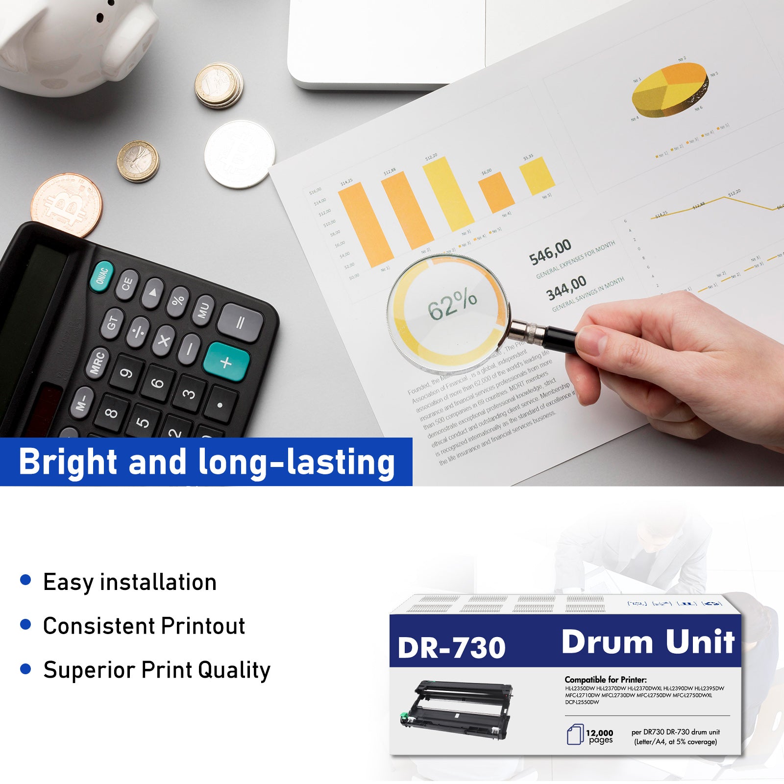 DR730 DR-730 Drum Unit Replacement Compatible for Brother MFC-L2710DW MFC-L2750DW HL-L2350DW HL-L2370DWXL HL-L2390DW HL-L2395DW DCP-L2550DW MFC-L2750DWXL Printer Yields Up to 12,000 Pages 1PACK