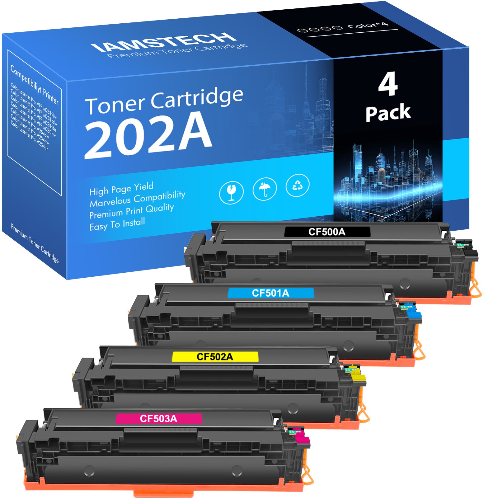 202A 4-Pack Toner Cartridge Replacement for HP 202A 202X CF500A CF501A CF502A CF503A Color Laserjet Pro MFP M281fdw M281cdw M254dw 281fdw M254 M281 Printer (Black Cyan Yellow Magenta)