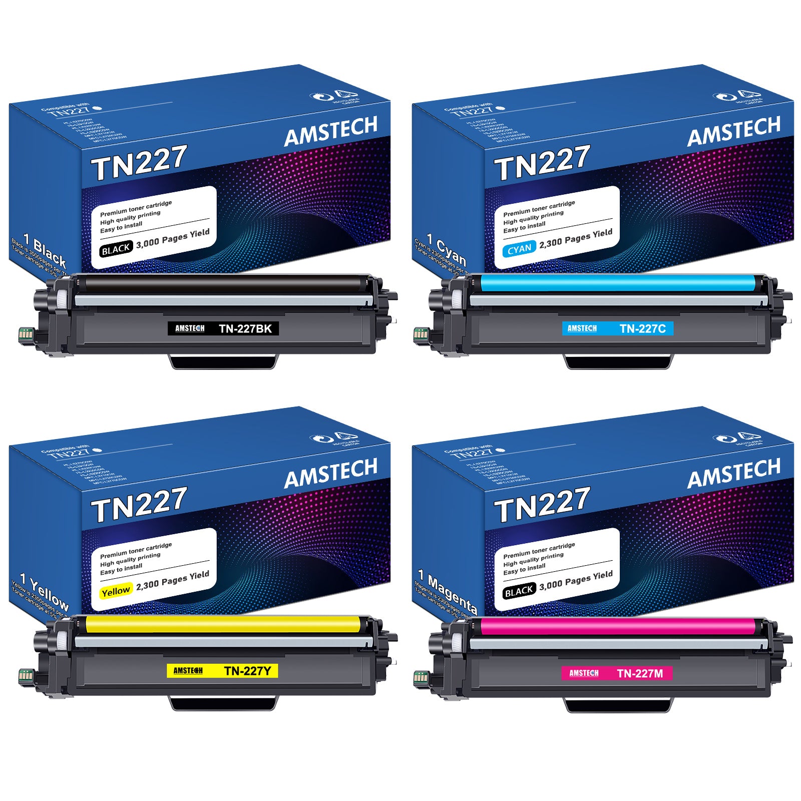 TN-227 TN227 High Yield Toner Cartridge 4 Pack Compatible for Brother TN227 TN223 TN-227BK/C/M/Y MFC-L3770CDW HL-L3290CDW HL-L3270CDW MFC-L3750CDW MFC-L3710CW L3210CW Printer Ink