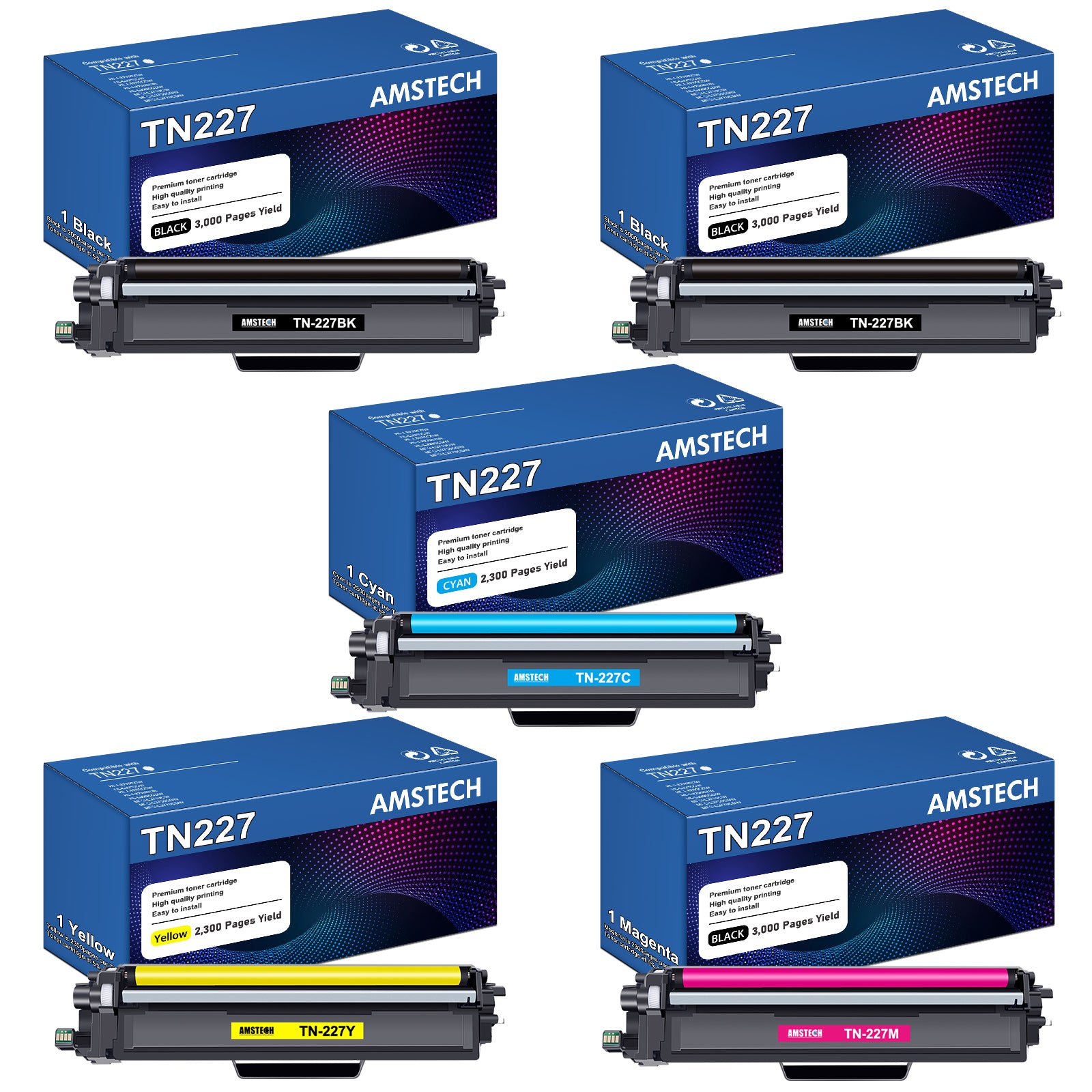 TN227 TN-227BK/C/M/Y High Yield Toner Cartridge 5 Pack Compatible for Brother TN227 TN223 TN-227 MFC-L3770CDW HL-L3290CDW HL-L3270CDW MFC-L3750CDW MFC-L3710CW L3230CDW Printer Ink