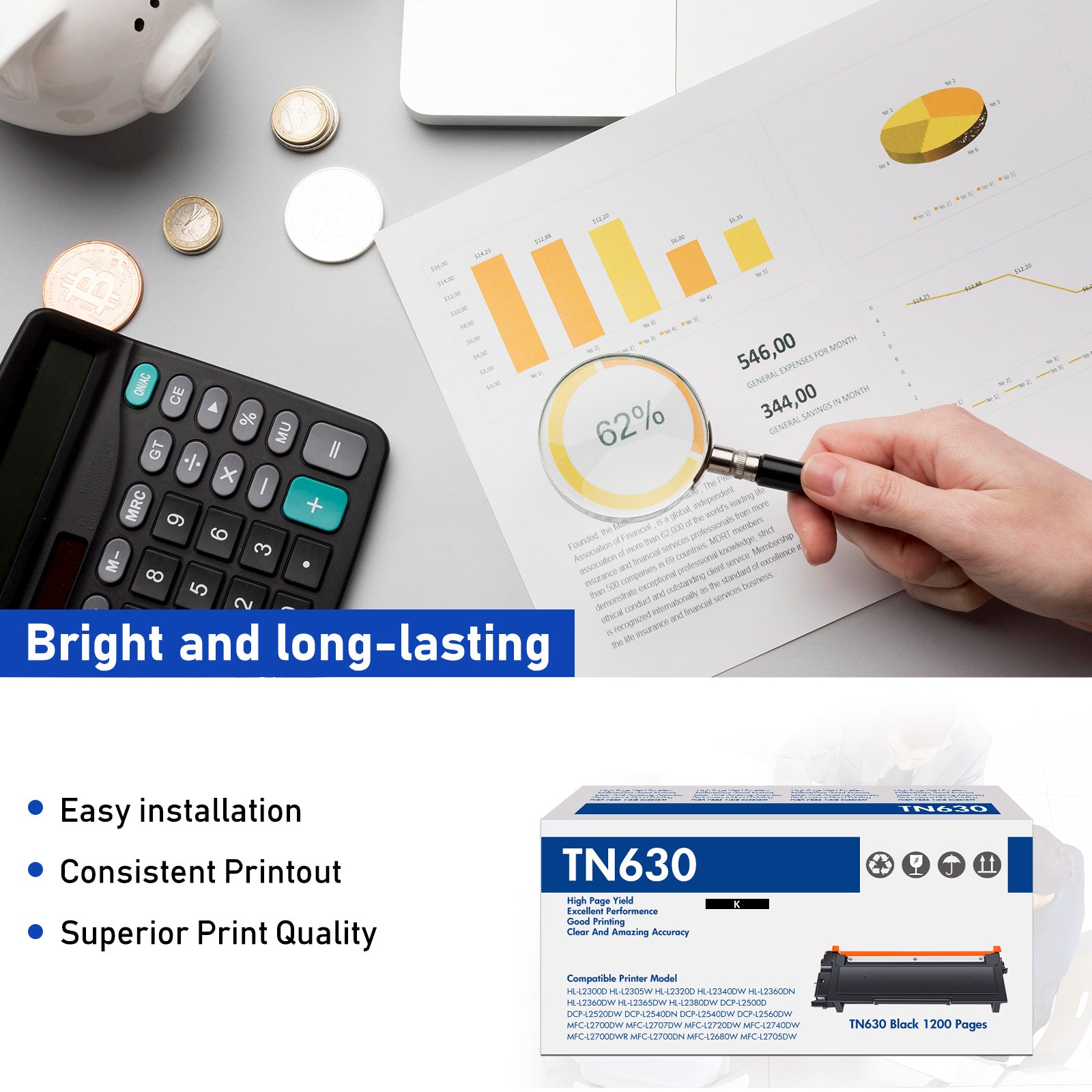 TN630 TN-630 Toner Cartridge Compatible for Brother TN-630 TN630 TN660 TN-660 MFC-L2700DW MFC-L2740DW HL-L2380DW HL-L2340DW DCP-L2540DW DCP-L2500D (Black,2-Pack)