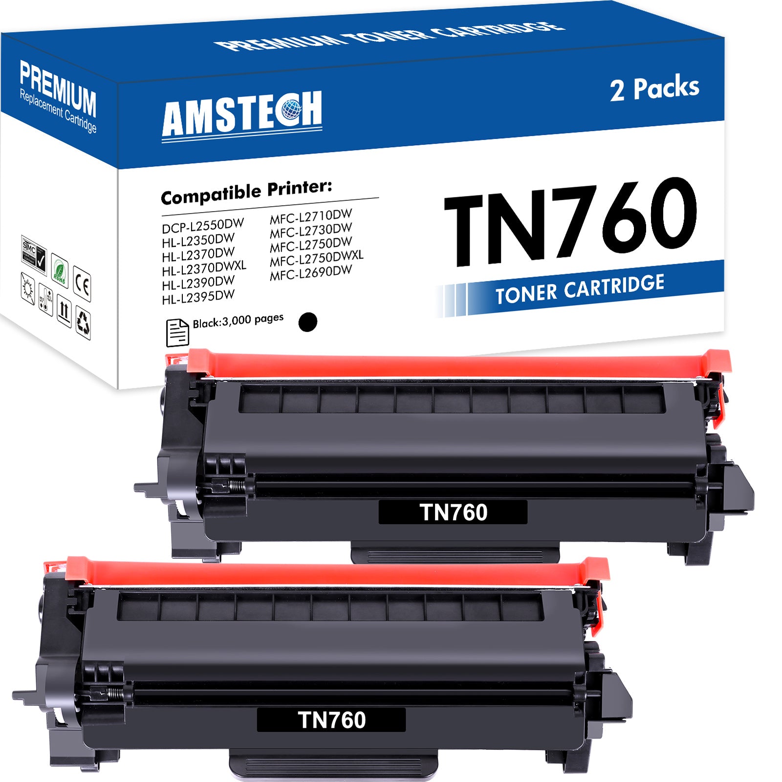 TN760 TN-760 Toner Cartridge Compatible for Brother TN760 TN 760 TN730 TN-730 DCP-L2550DW MFC-L2710DW MFC-L2750DW HL-L2350DW HL-L2395DW MFC-L2750DW Printer Ink (Black, 2-Pack)