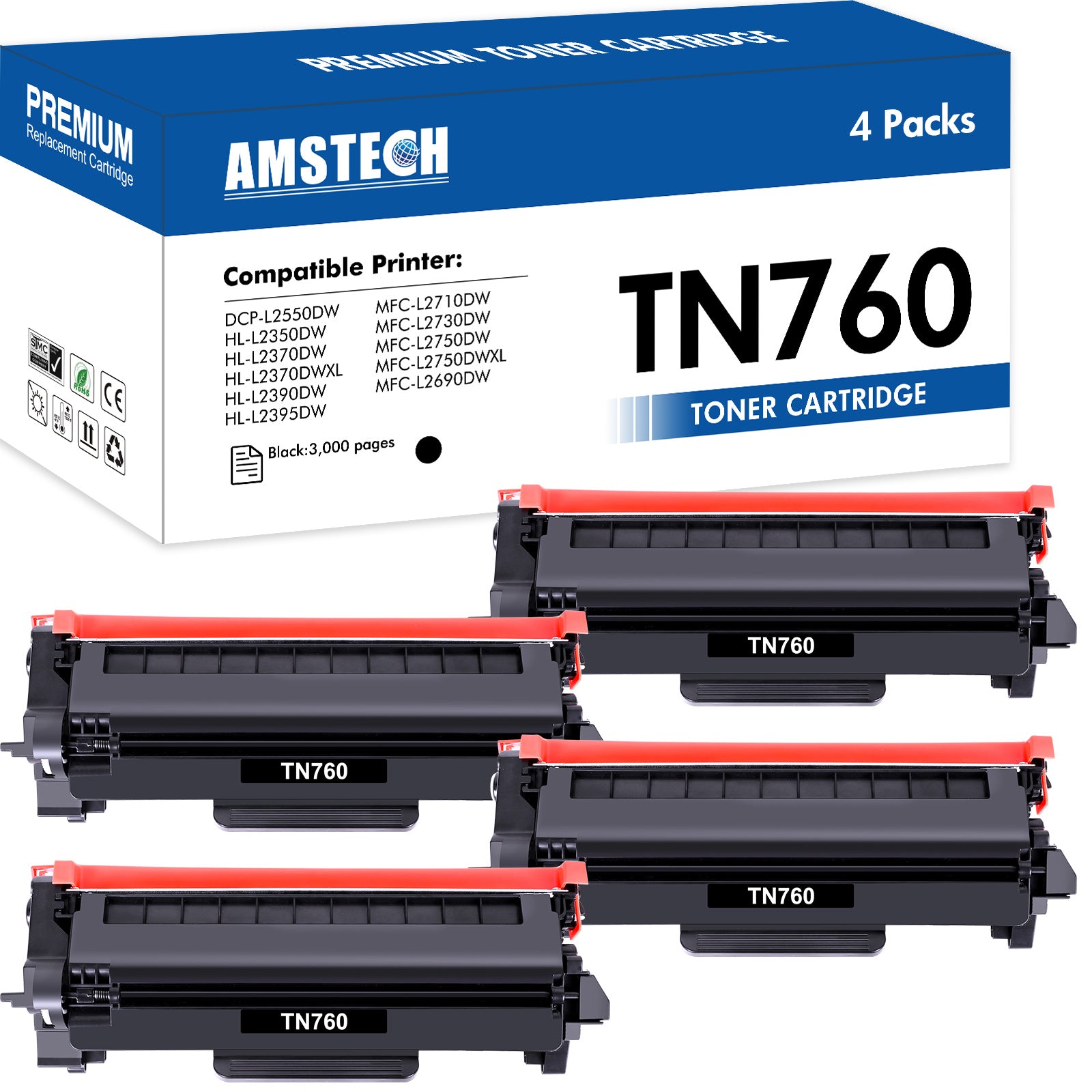 TN760 Toner Cartridge Compatible for Brother TN760 TN730 TN-730/TN-760 TN 760 DCP-L2550DW MFC-L2710DW MFC-L2750DW HL-L2350DW HL-L2395DW MFC-L2750DW Printer Ink (Black, 4-Pack)