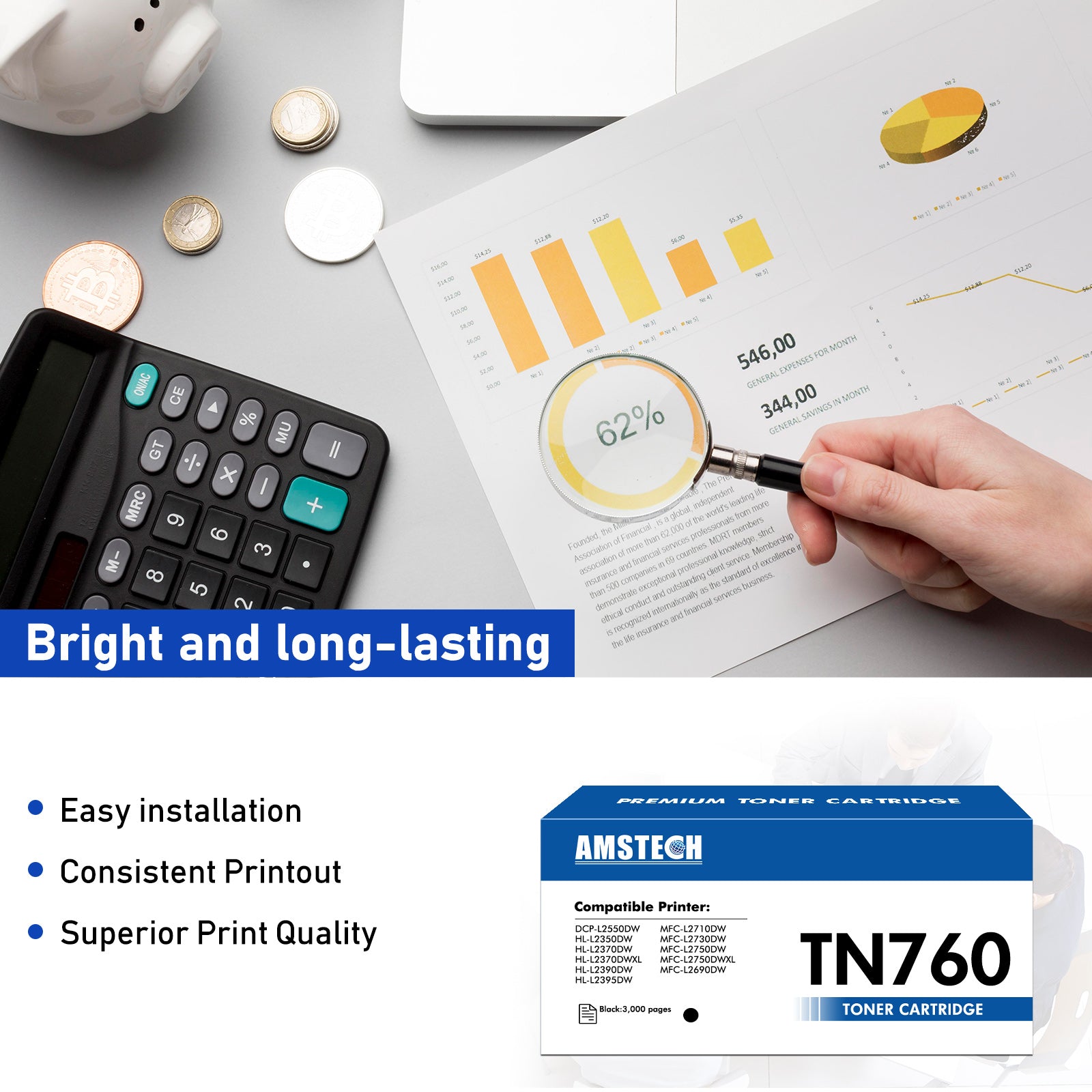 TN760 Toner Cartridge Compatible for Brother TN760 TN730 TN-730/TN-760 TN 760 DCP-L2550DW MFC-L2710DW MFC-L2750DW HL-L2350DW HL-L2395DW MFC-L2750DW Printer Ink (Black, 4-Pack)