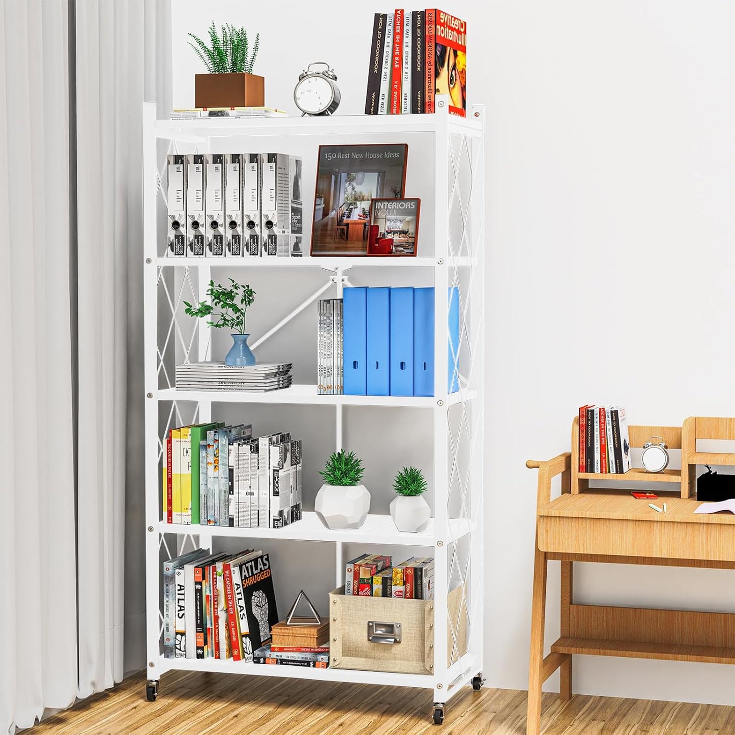 5 Tier Foldable Storage Shelves with Wheels, Large Capacity Shelving Unit, Freestanding Metal Wire Shelf Rack, No Assembly Organizer Rack for Garage Kitchen, Basement, Pantry(White)