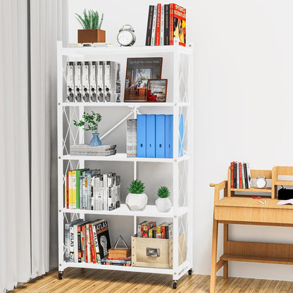 5 Tier Foldable Storage Shelves with Wheels, Large Capacity Shelving Unit, Freestanding Metal Wire Shelf Rack, No Assembly Organizer Rack for Garage Kitchen, Basement, Pantry(White)