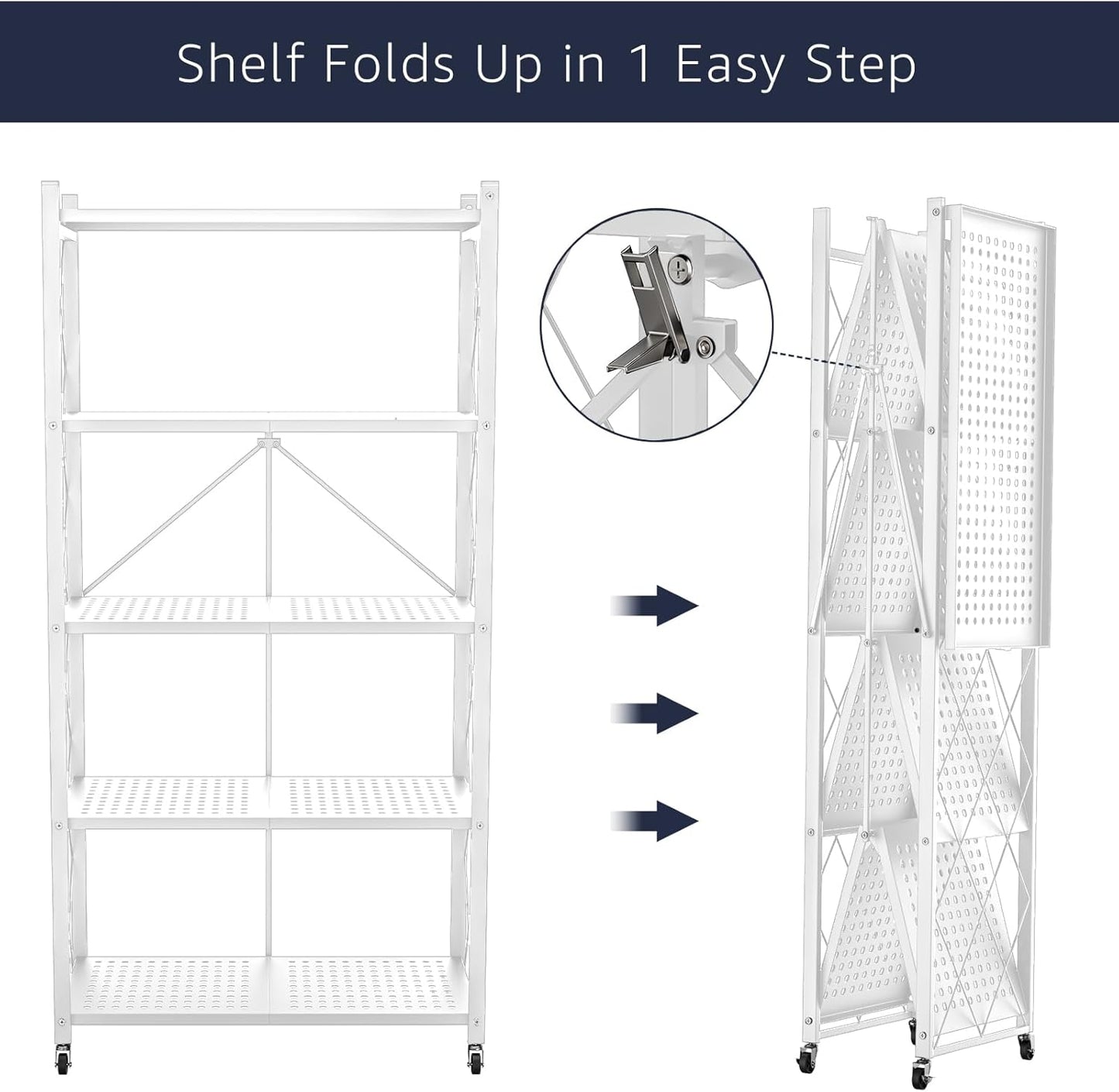 5 Tier Foldable Storage Shelves with Wheels, Large Capacity Shelving Unit, Freestanding Metal Wire Shelf Rack, No Assembly Organizer Rack for Garage Kitchen, Basement, Pantry(White)
