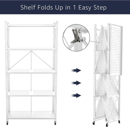 5 Tier Foldable Storage Shelves with Wheels, Large Capacity Shelving Unit, Freestanding Metal Wire Shelf Rack, No Assembly Organizer Rack for Garage Kitchen, Basement, Pantry(White)