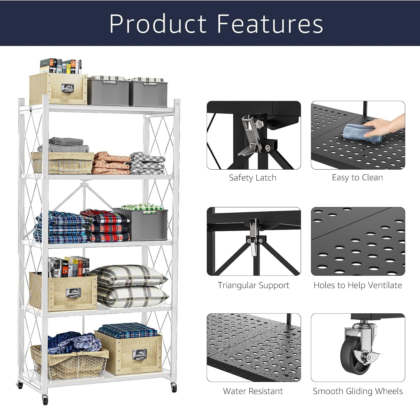 5 Tier Foldable Storage Shelves with Wheels, Large Capacity Shelving Unit, Freestanding Metal Wire Shelf Rack, No Assembly Organizer Rack for Garage Kitchen, Basement, Pantry(White)