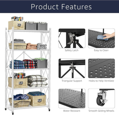 5 Tier Foldable Storage Shelves with Wheels, Large Capacity Shelving Unit, Freestanding Metal Wire Shelf Rack, No Assembly Organizer Rack for Garage Kitchen, Basement, Pantry(White)